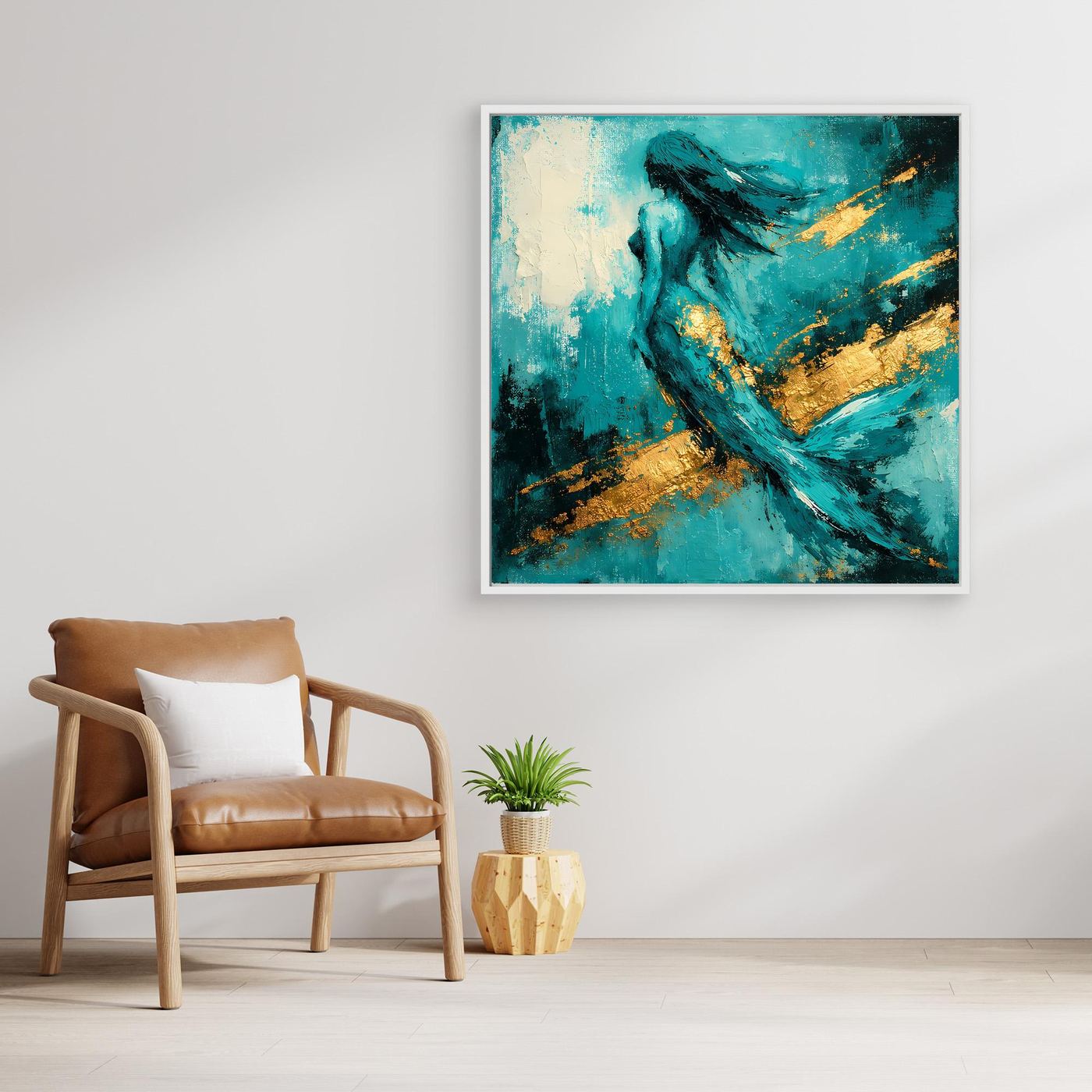 Leinwand Elegante Meerjungfrau in Türkis | Abstraktes Nixen Wandbild Gold Blau