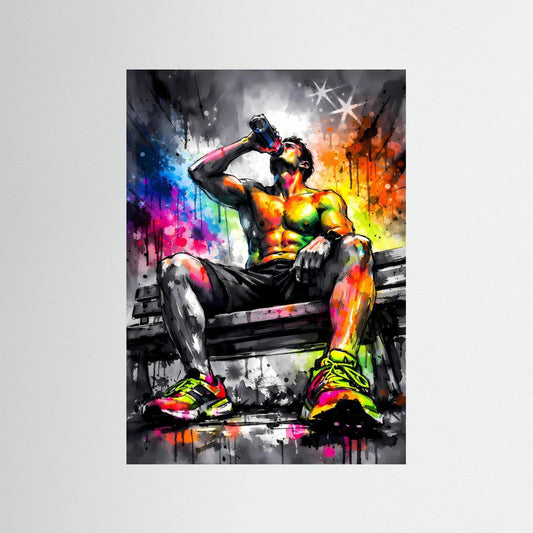 Die Kunst der Energie | Neon Fitness Poster mit trainierender Silhouette & Regenbogen-Farben | Abstraktes Sport Kunstposter Hochformat