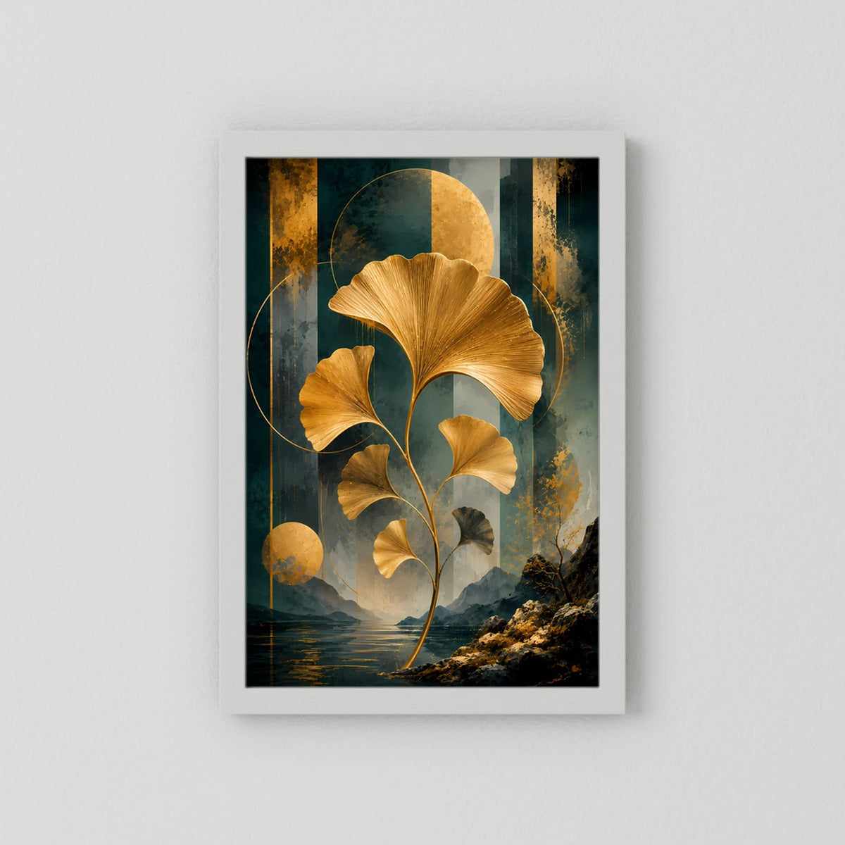 Poster im hellen Rahmen mit abstrakten Ginkgoblättern in Gold und Petrol; hochformatig