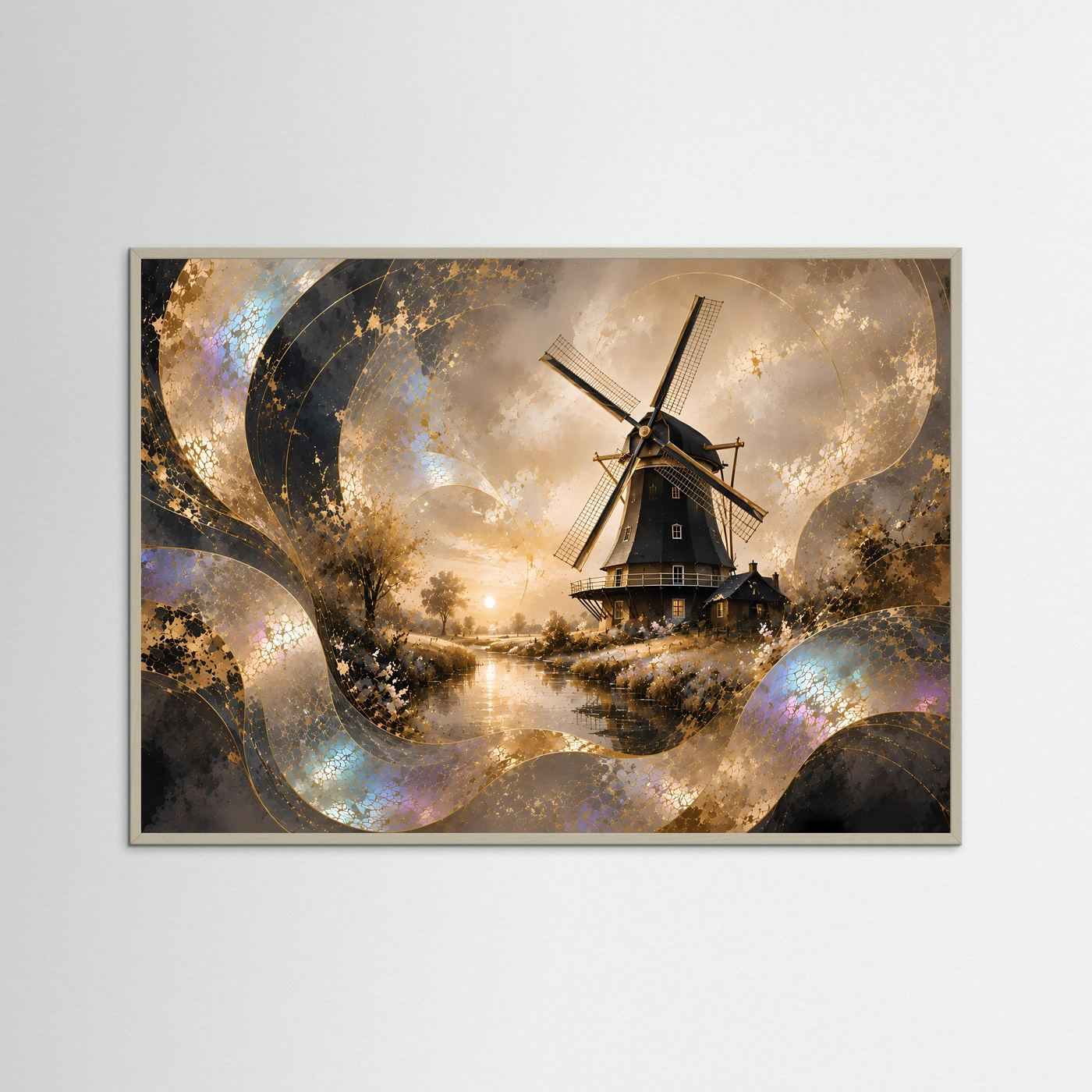 Querformat-Poster mit Windmühle am Wasser, Holzrahmen, warmes Gold und Perlmutt