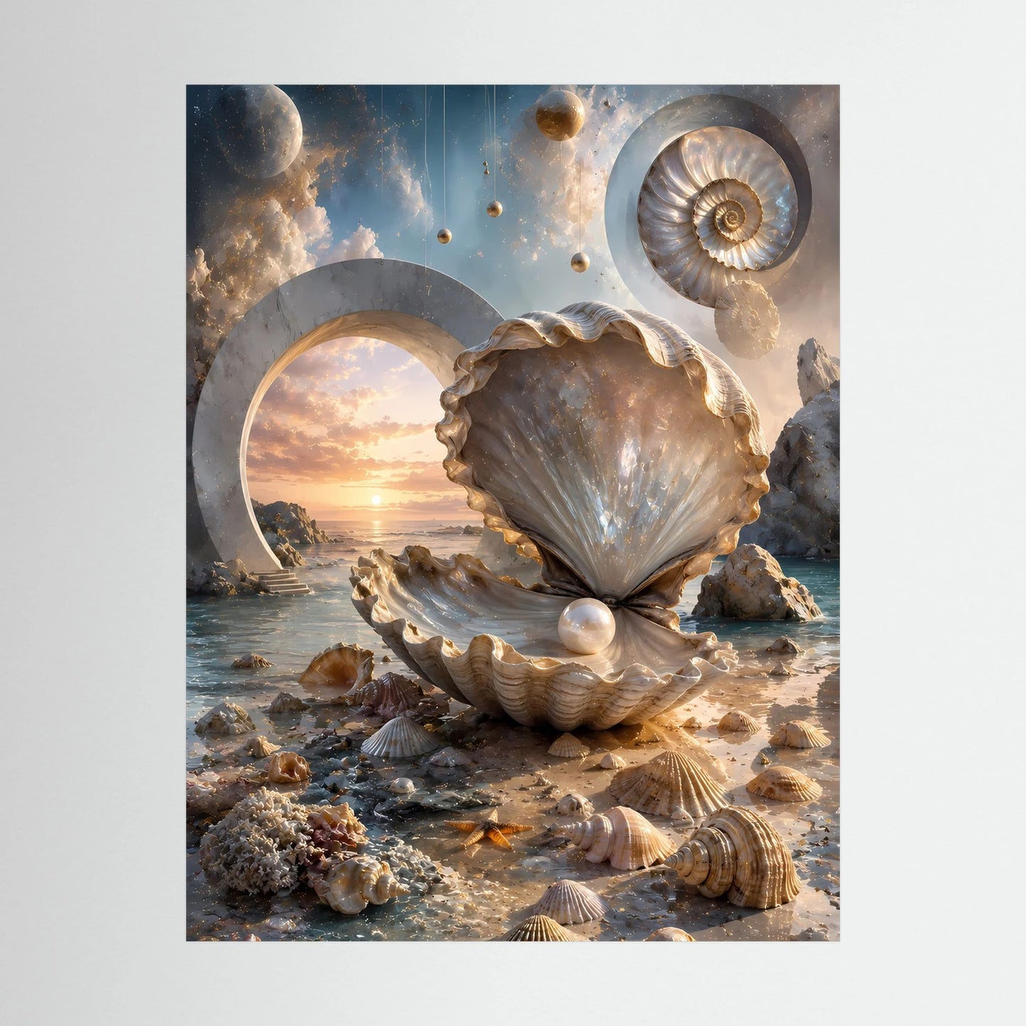 Nahaufnahme-Poster mit Perlmutt-Muschel, Perle und Kreisformen am Meer, creme/gold