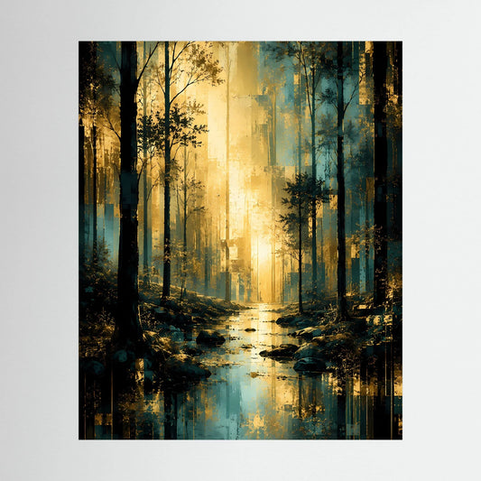 Hochformatiges Poster mit Waldmotiv in Türkis und Gold, mit schwarzem Rahmen
