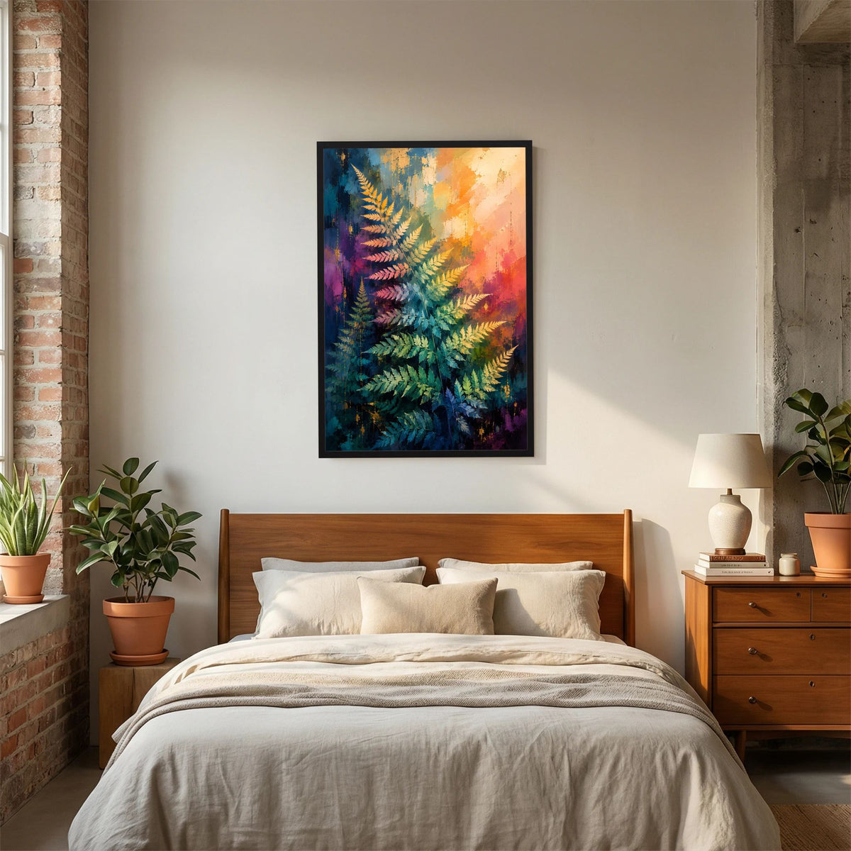 Abstraktes Farn-Poster im Hochformat mit schwarzem Rahmen über Bett und Nachttisch