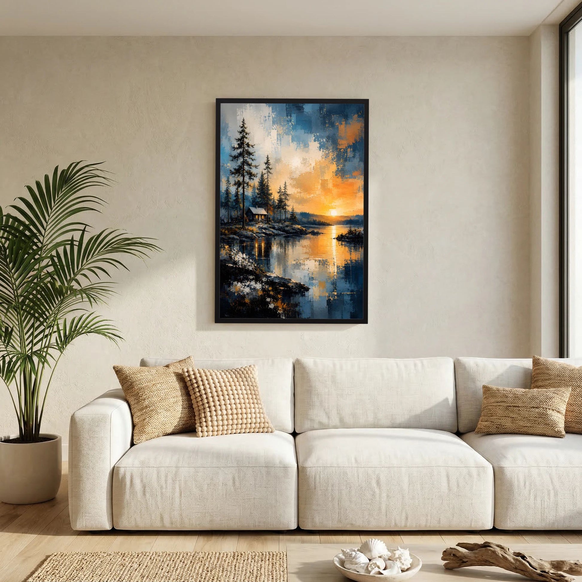 Naturposter mit abstrakter Waldlandschaft, Hütte am Wasser und Sonnenuntergang im Wohnzimmer