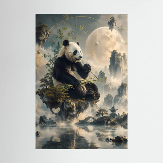 Kunstposter im Hochformat mit Panda auf Felsinsel und Mond über fernem Landschaftsbild