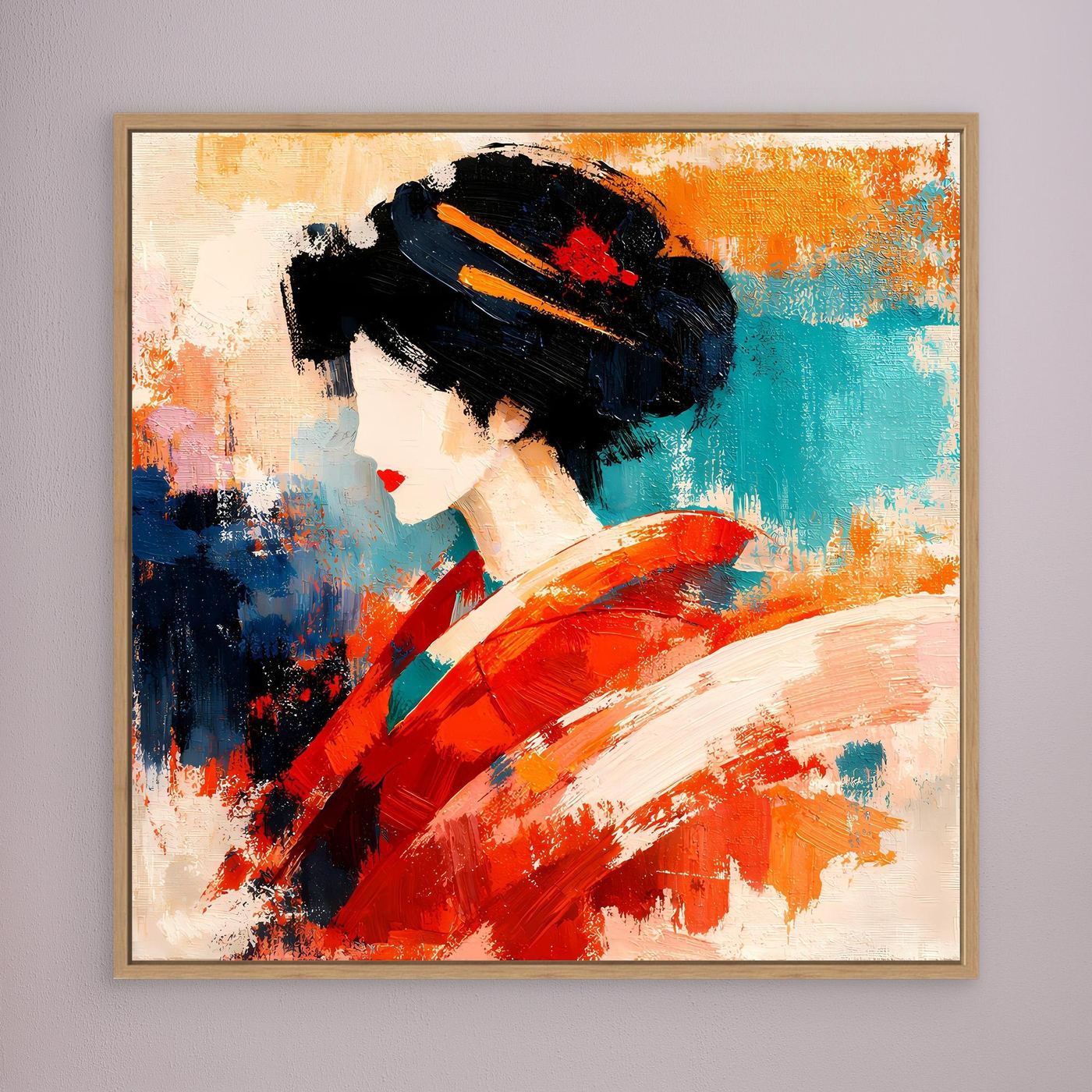 Geisha portrait wall art with wood frame, black hair and red brushstrokes on teal