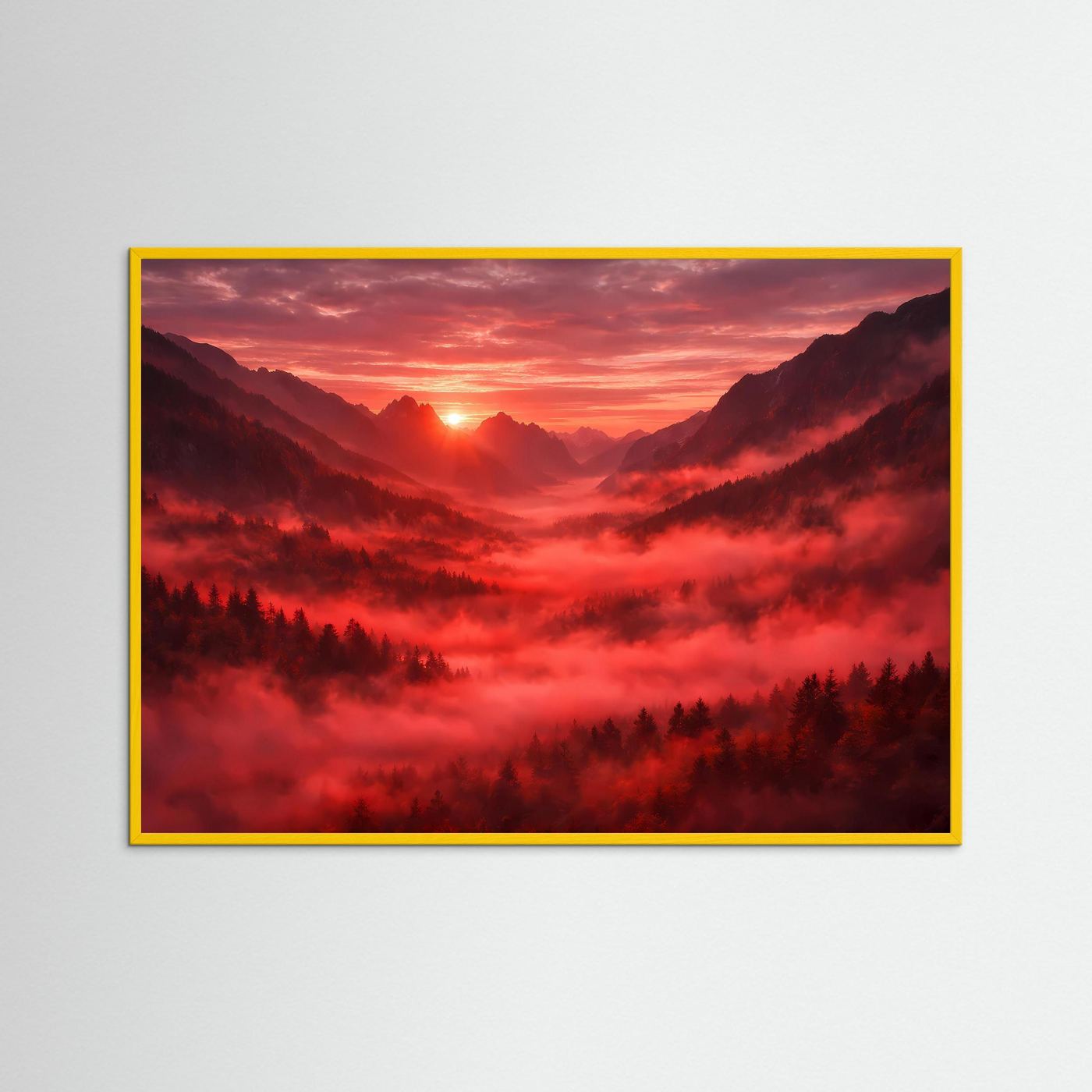 Gerahmtes Poster mit Berglandschaft im roten Sonnenuntergang, gelber Rahmen