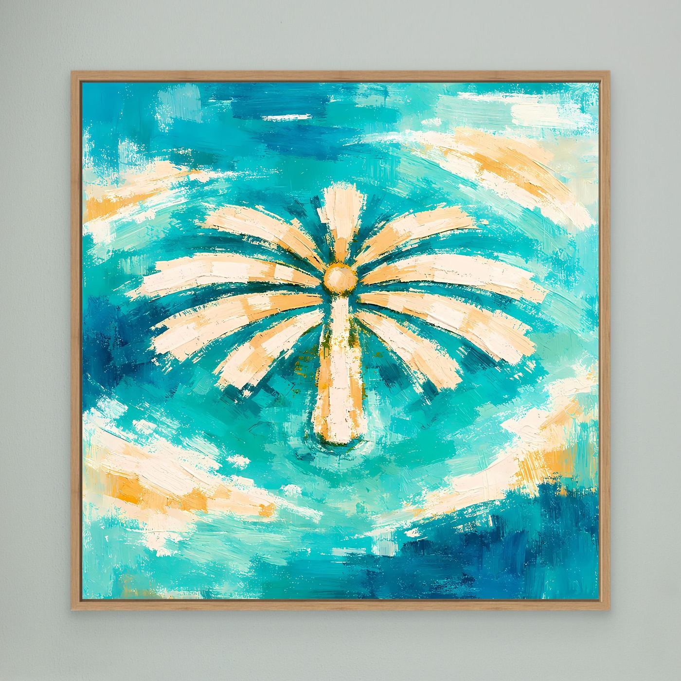 Leinwand Abstrakte Palme im Meer | Modernes Dubai Palmeninsel Wandbild Türkis