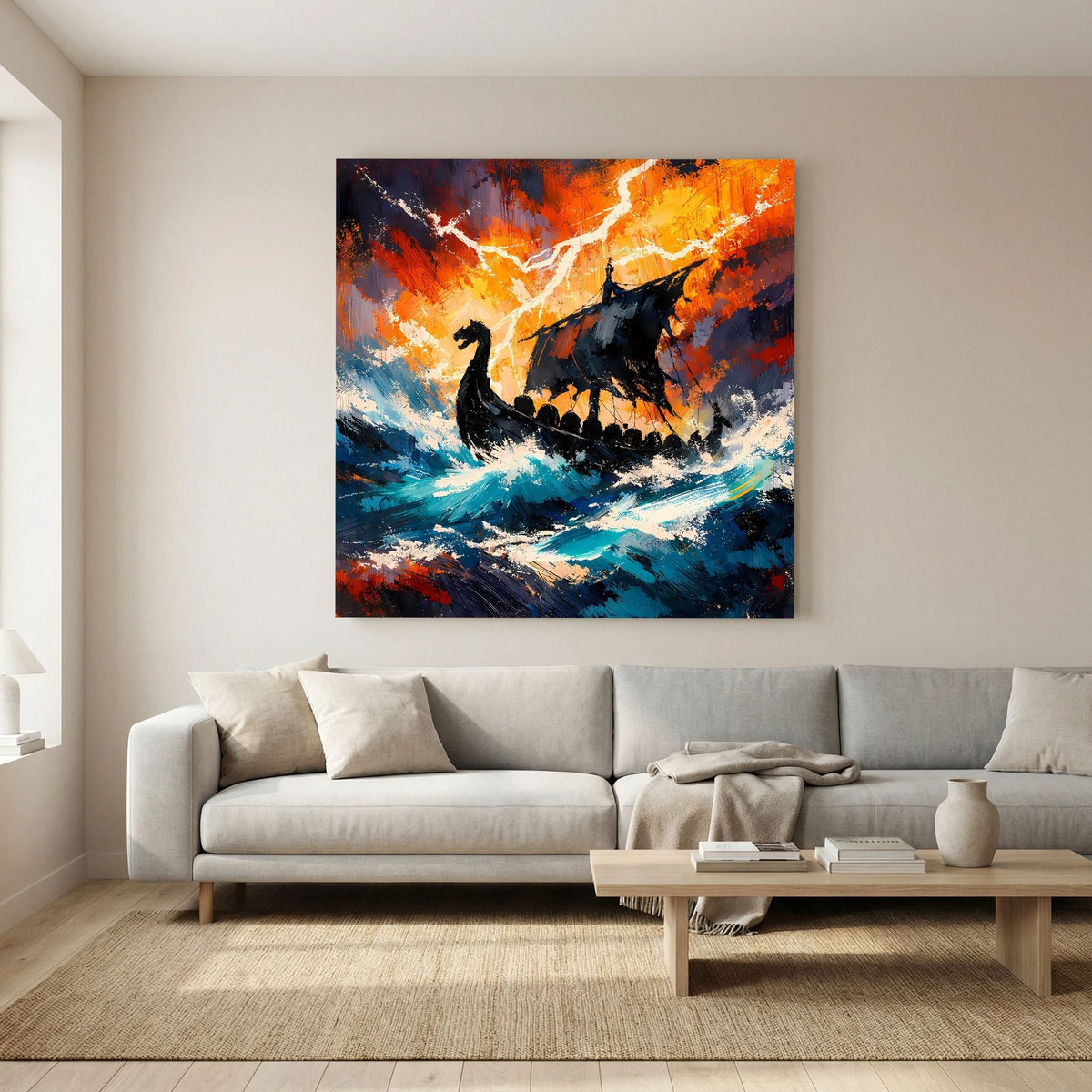 Keilrahmen-Wandbild: Wikinger-Langschiff im Sturm, Wolkenausbruch in Orange und Flut in Dunkelblau