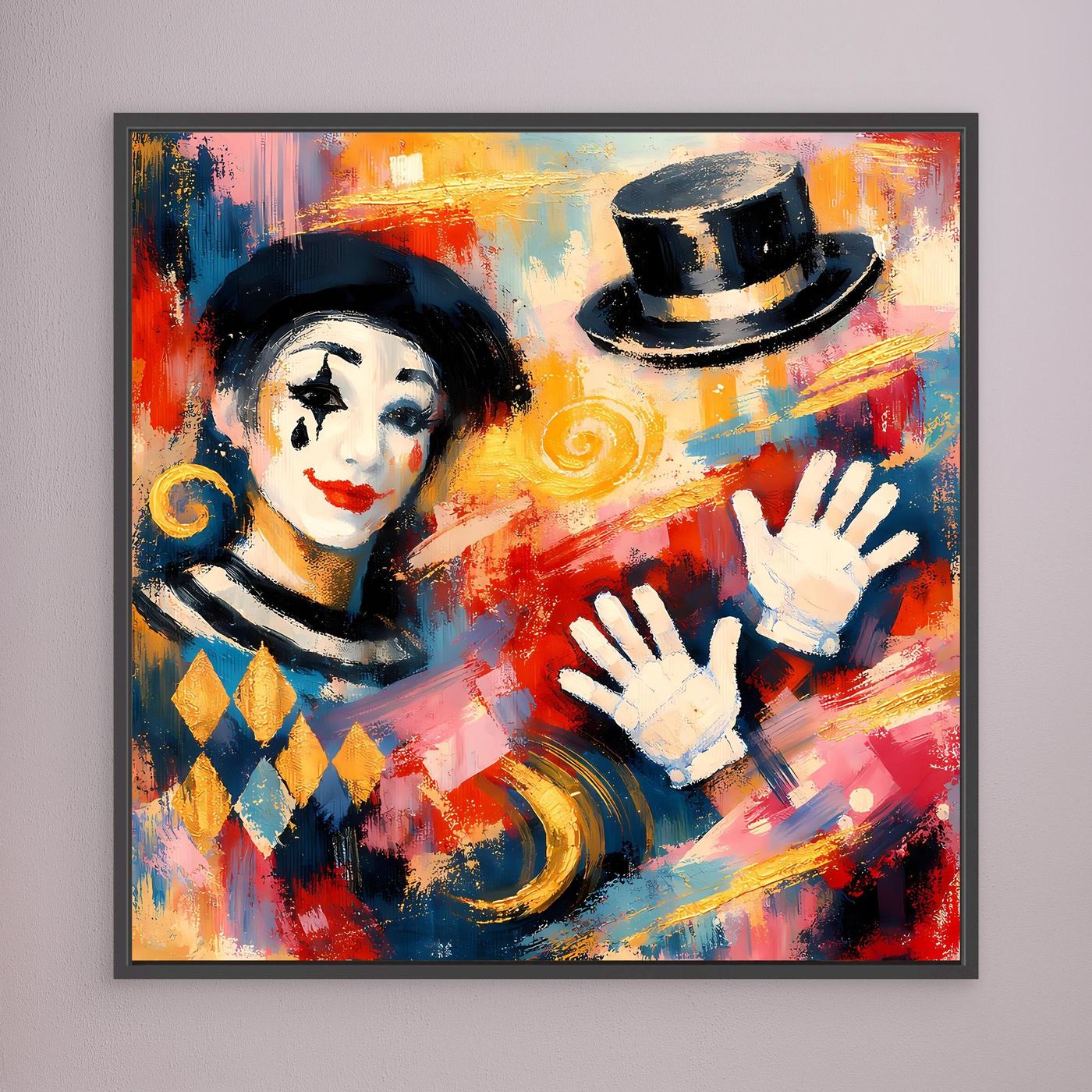 Leinwandbild: abstrakter Clown mit Zylinderhut und wehenden Händen in Blau-Rot, schwarz gerahmt