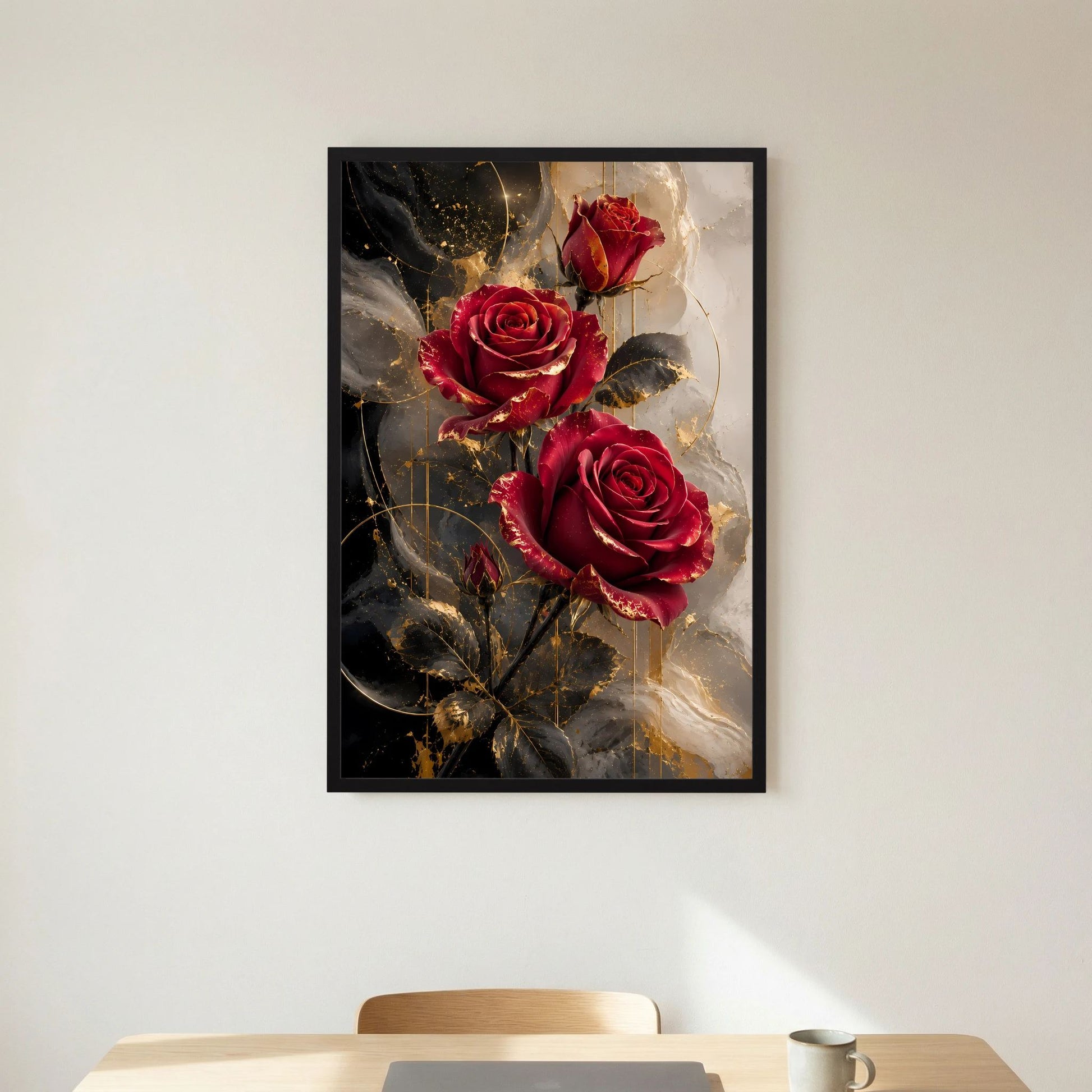 Hochformat-Poster mit rubinroten Rosen, goldenen Linien und dunklem Blattwerk im schwarzen Rahmen