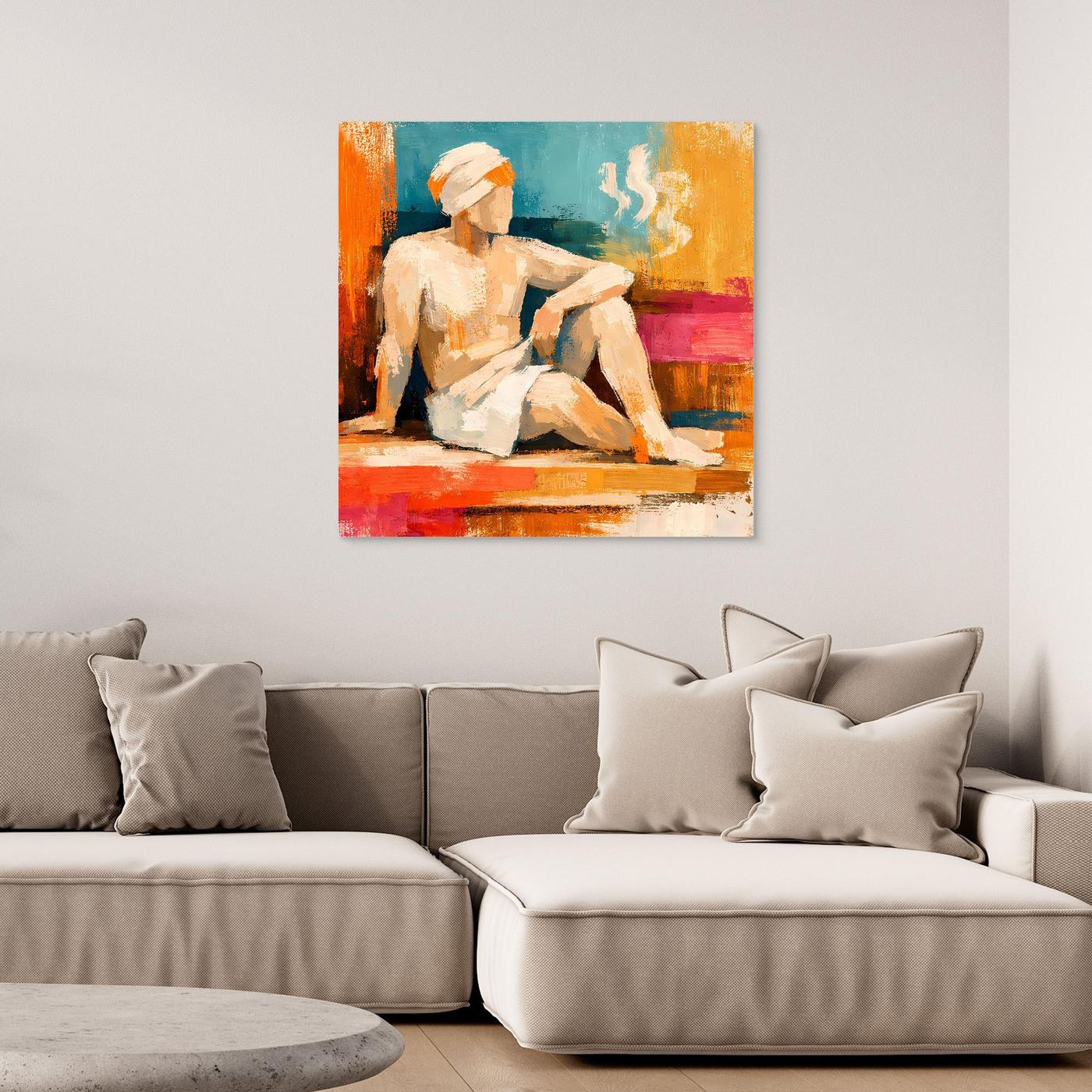 Abstract canvas wall art with seated figure in orange, teal, and pink abstract scene