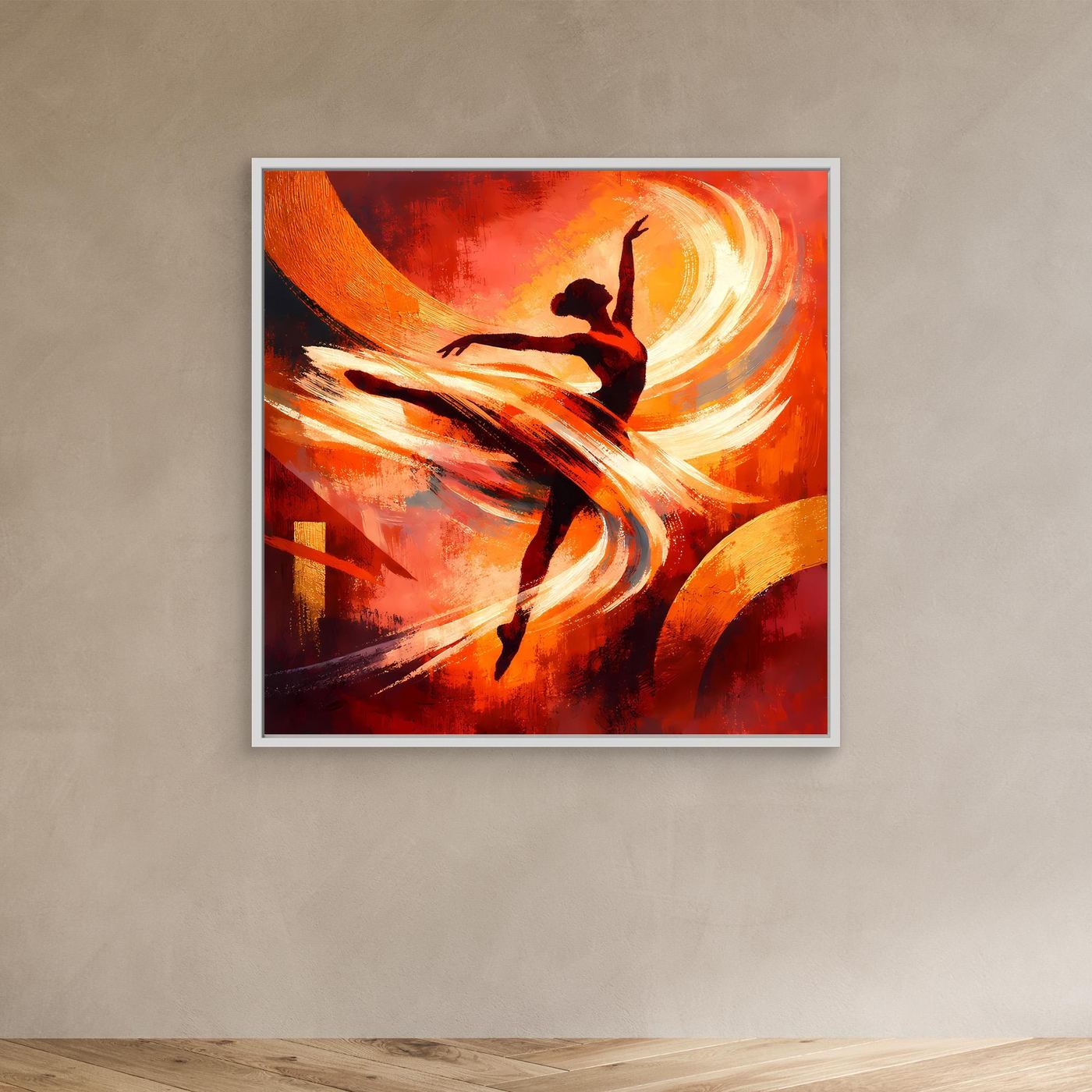 Abstraktes Leinwandbild mit weißem Rahmen: tanzende Ballerina, orange Farbflächen