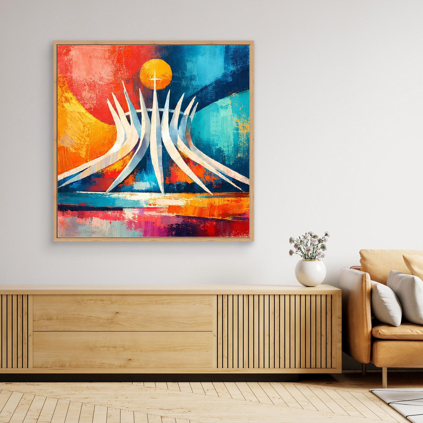 Abstraktes Leinwand-Wandbild mit Kathedralenmotiv, mit Rahmen, kräftige Farben