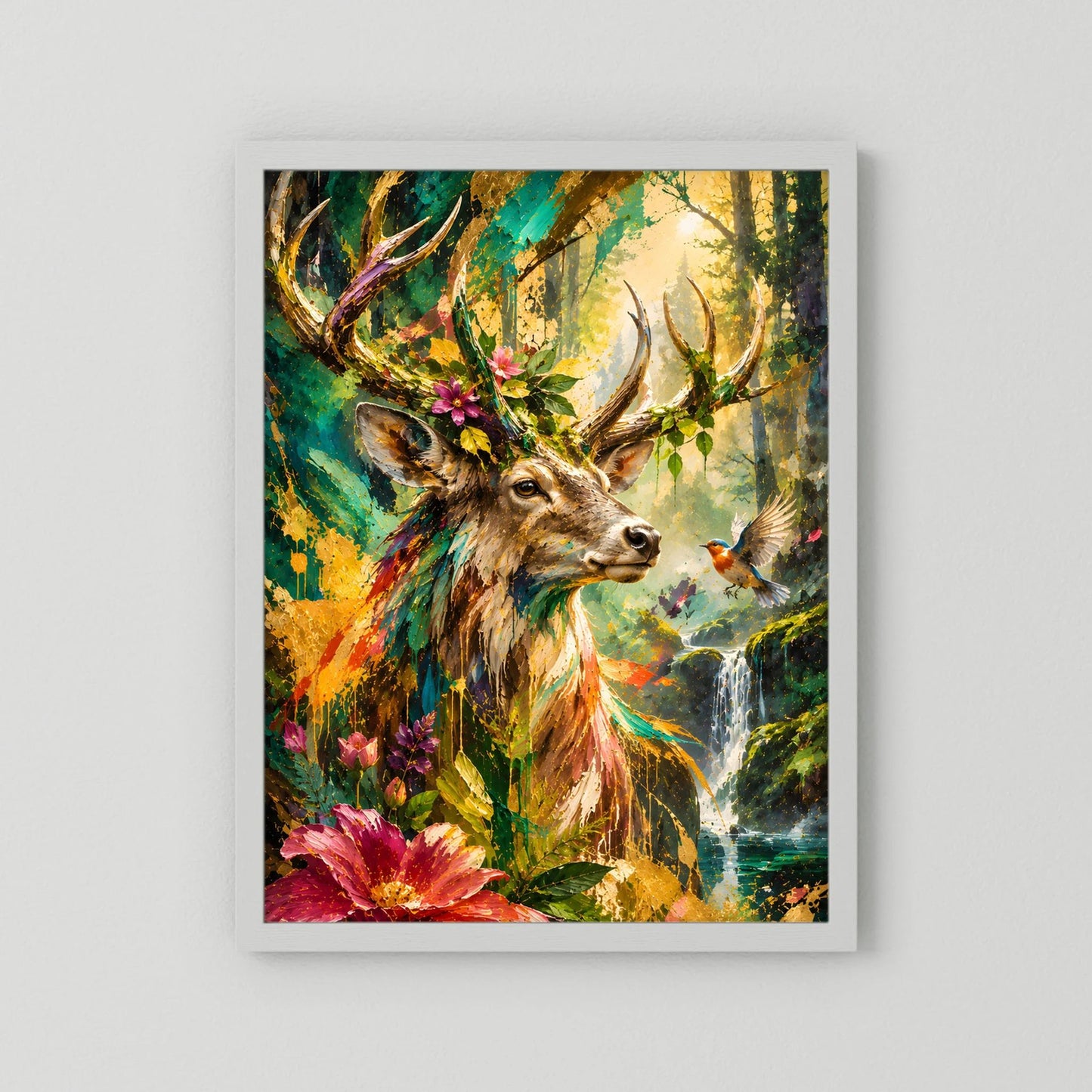 Hochformatiges Tierposter: Hirsch im bunten Wald, Blumen und Wasserfall, weißer Rahmen