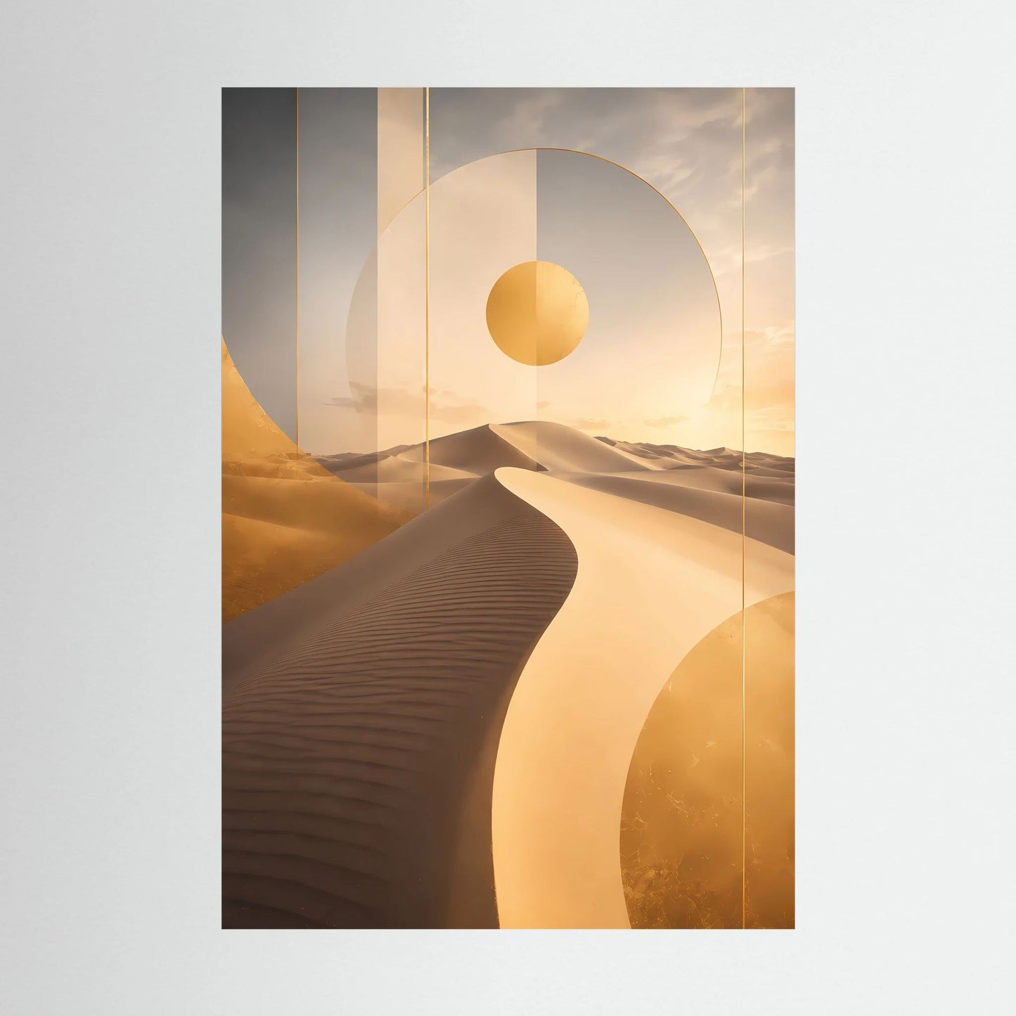 Hochformat-Poster mit abstrakter Dünenlandschaft, Sonne und goldenen Formen