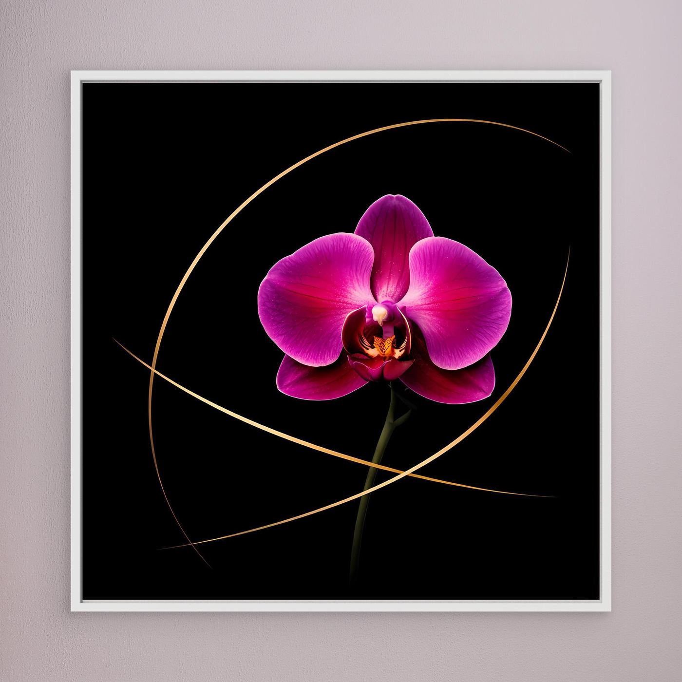 Quadratisches Leinwandbild mit magenta Orchidee und goldenen Linien, weißer Rahmensaum