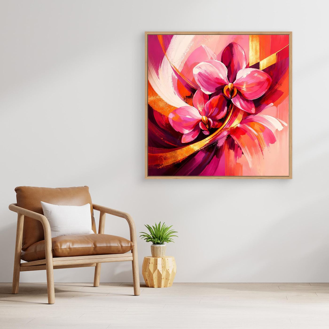 Gerahmtes Leinwandbild mit goldfarbenem Rahmen und abstrakten Orchideen in Pink