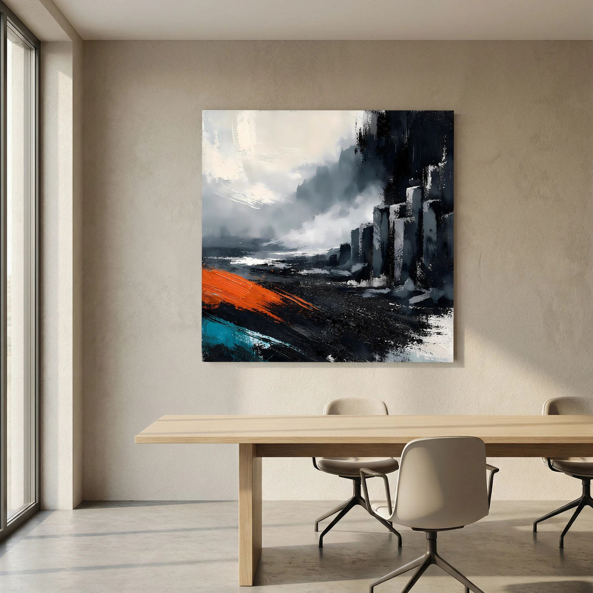 Leinwand Abstraktes Basaltsäulen Gemälde | Modernes Isländisches Vulkan Wandbild Schwarz Orange