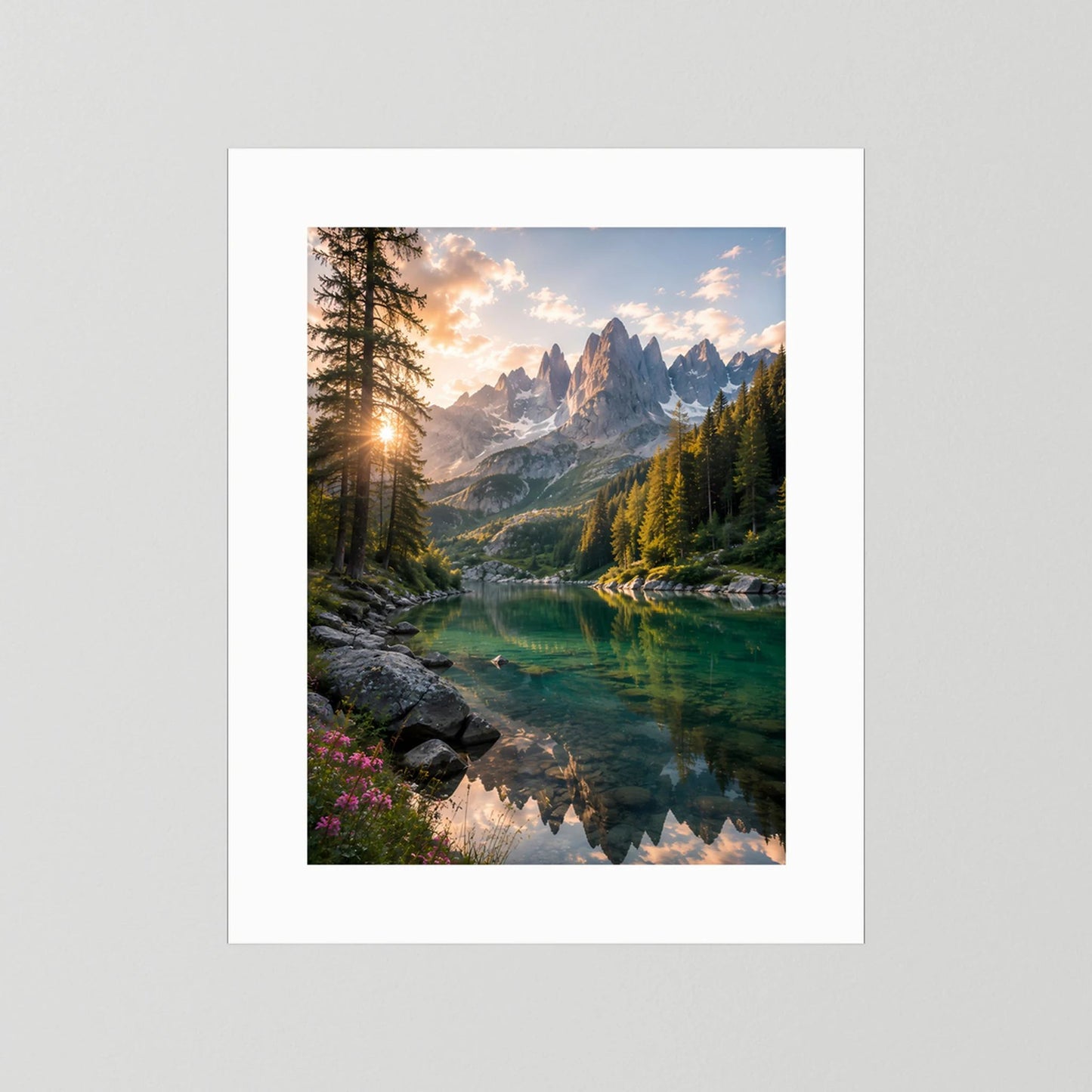 Bergsee im Sonnenuntergang | Alpenlandschaft mit Wald & Spiegelung | Poster Hochformat