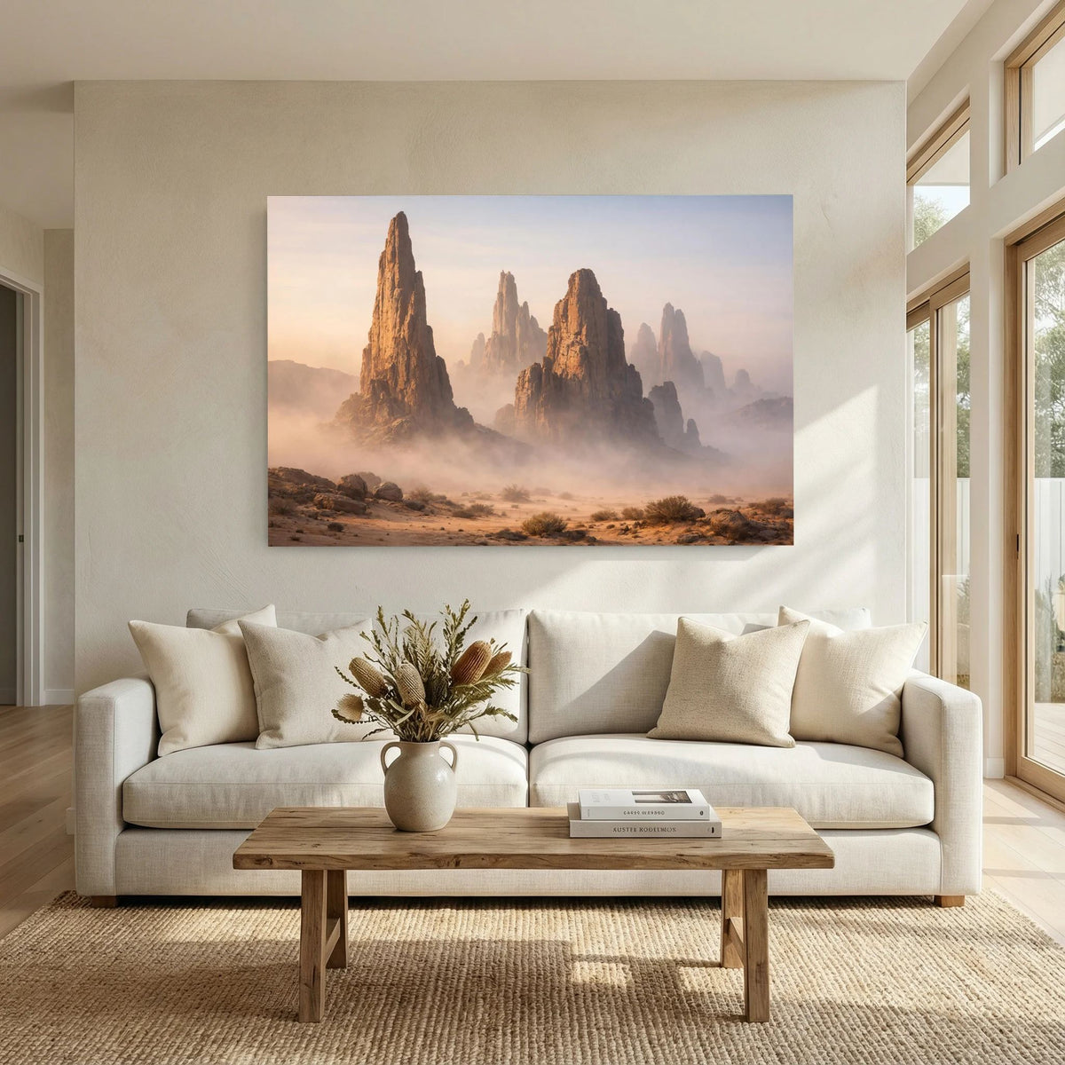 Wandposter im Querformat mit monumentalen Felsformationen im Wüstennebel