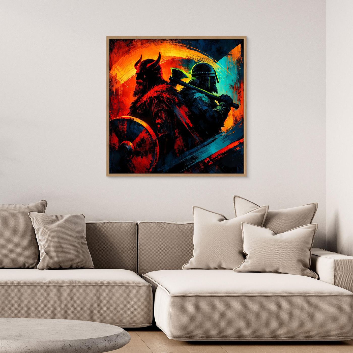 Gerahmtes Wandbild mit Wikingerkrieger-Motiv in kräftigen Orange-Blau-Tönen