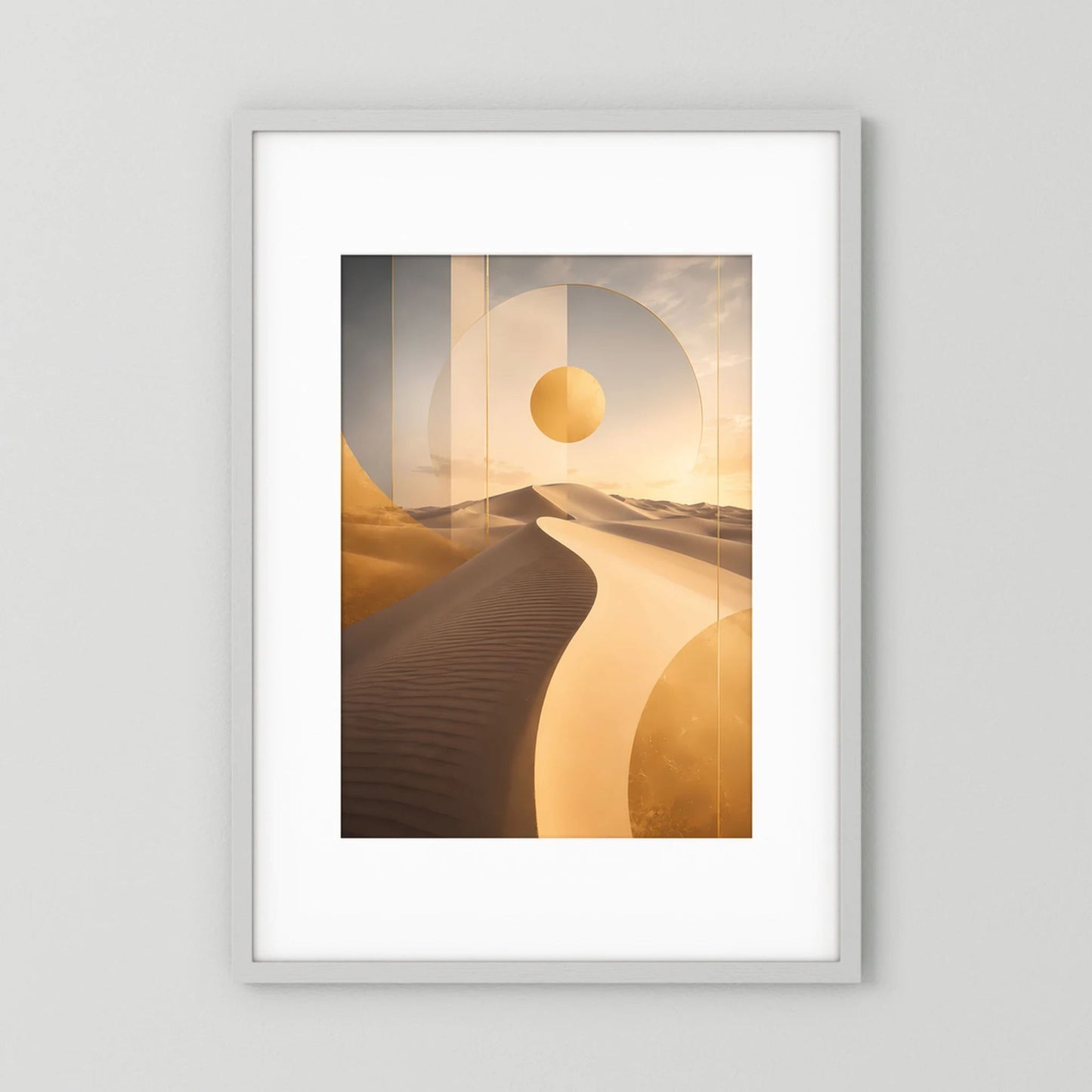 Hochformatiges Poster mit abstrakter Dünenlandschaft und goldener Sonne im weißen Rahmen