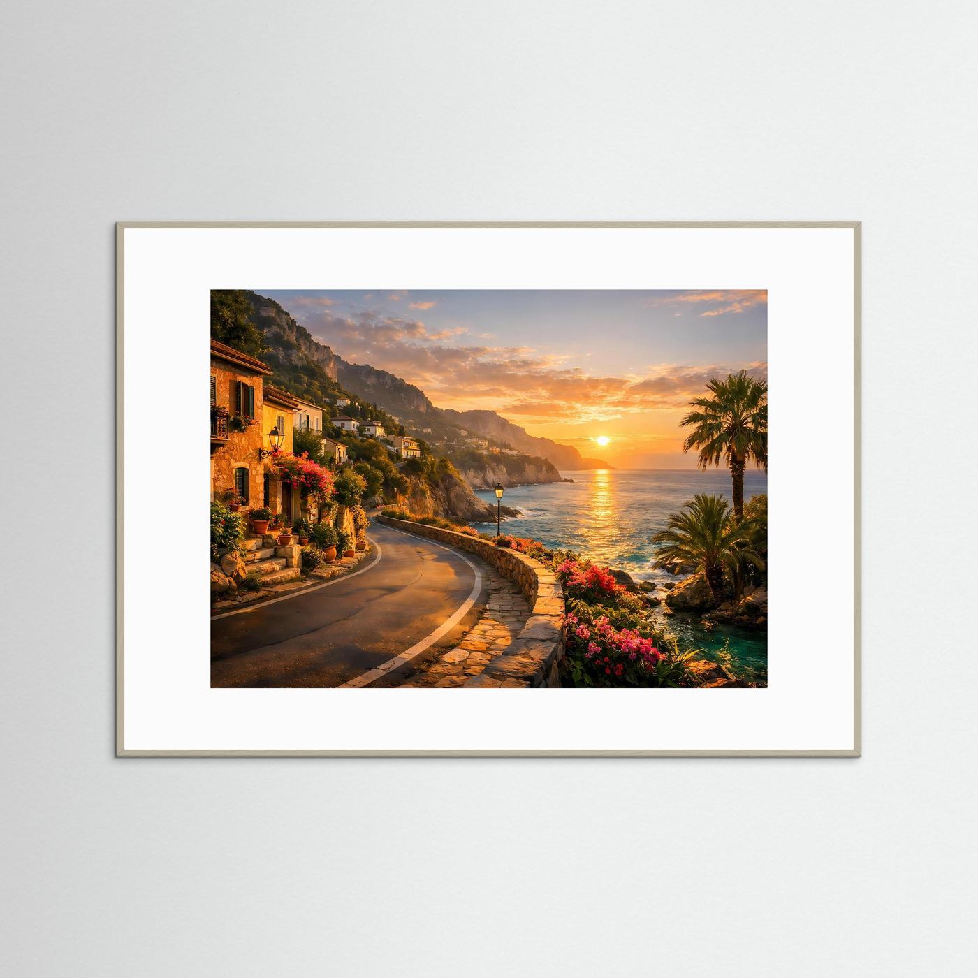 Küstenstraßen-Poster mit grauem Rahmen: Sonnenuntergang am Meer, kurvige Straße und Palmen