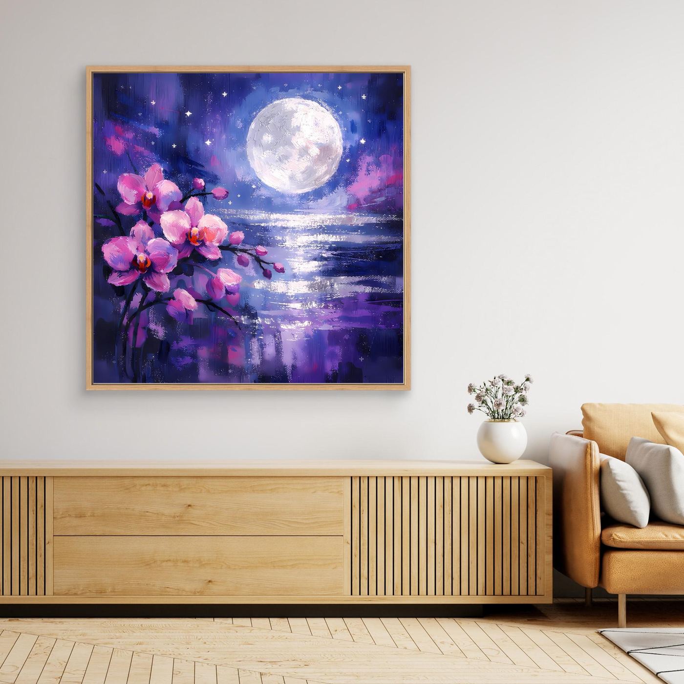 Leinwand-Wandbild mit Vollmond, rosa Blütenzweig und reflektierendem violettem See