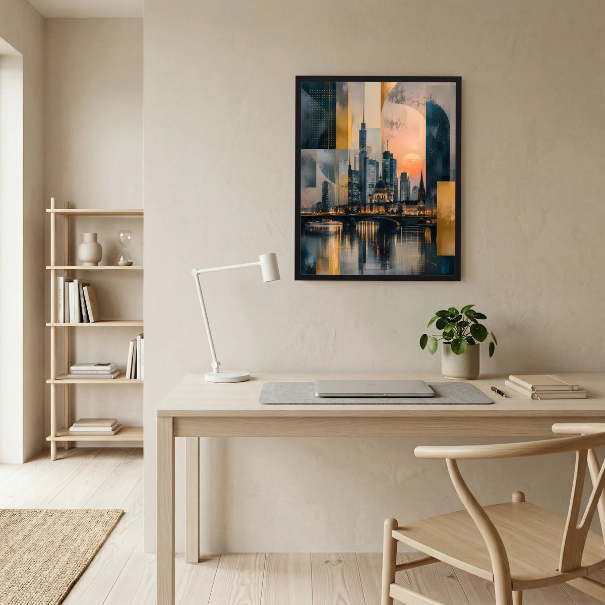 Gerahmtes Wandposter mit abstrakter Skyline am Fluss in Gold- und Petroltönen