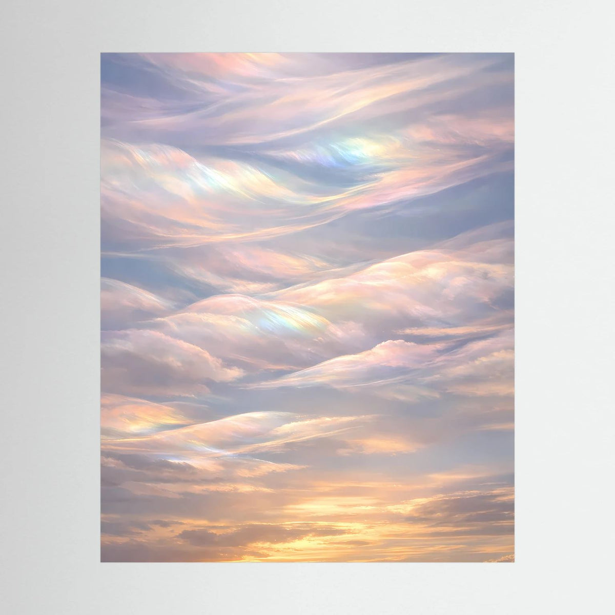 Ungerahmtes Wandposter mit pastellfarbenen Wolken und Sonnenuntergang, weich schimmernd