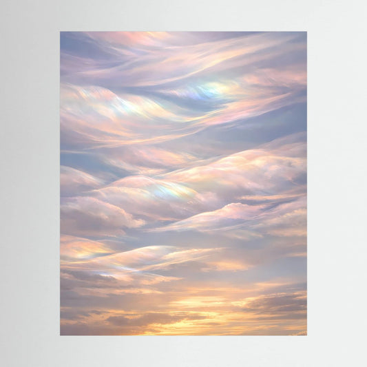 Ungerahmtes Wandposter mit pastellfarbenen Wolken und Sonnenuntergang, weich schimmernd