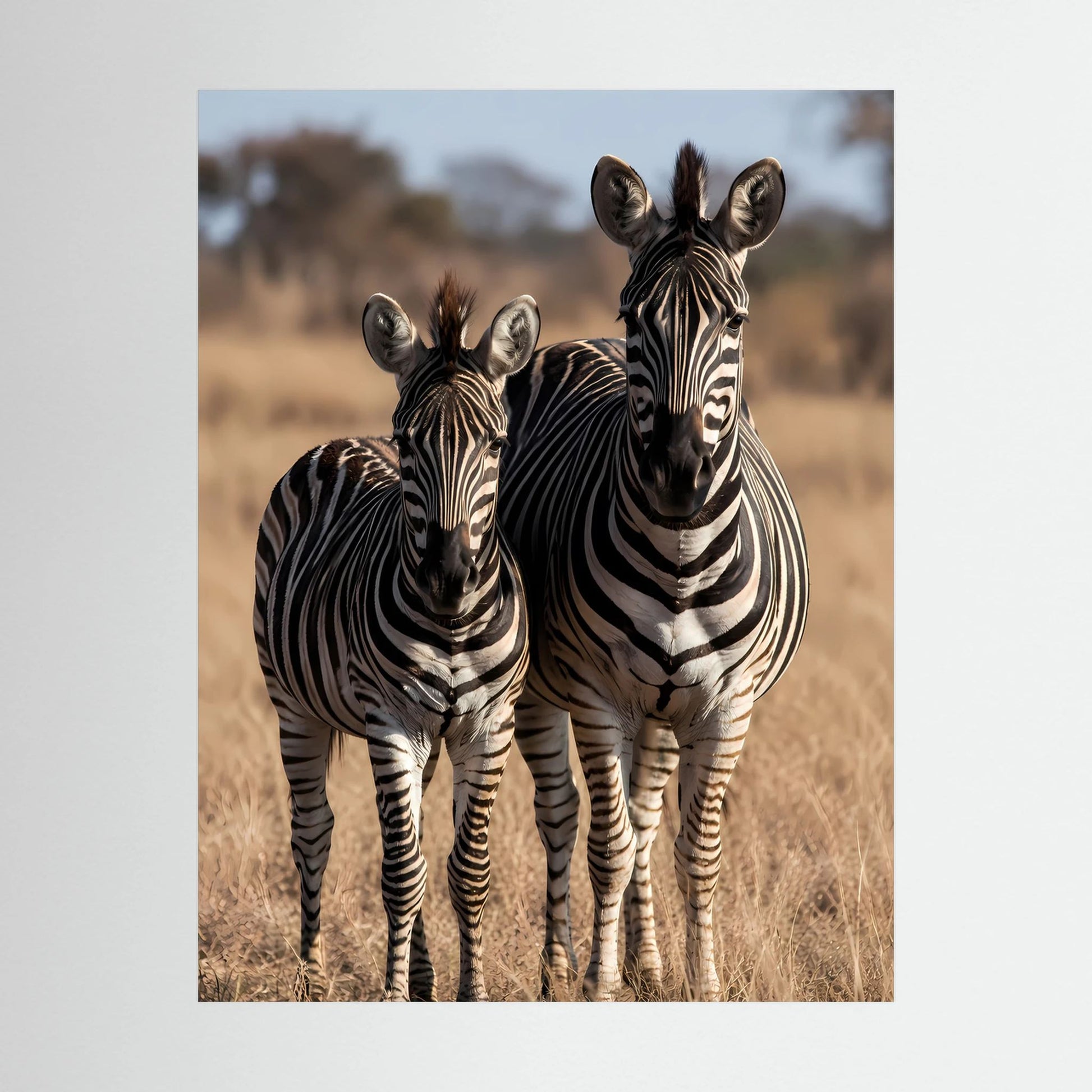 Poster mit Zebras (Mutter und Jungtier) als Nahaufnahme, hochformatig.