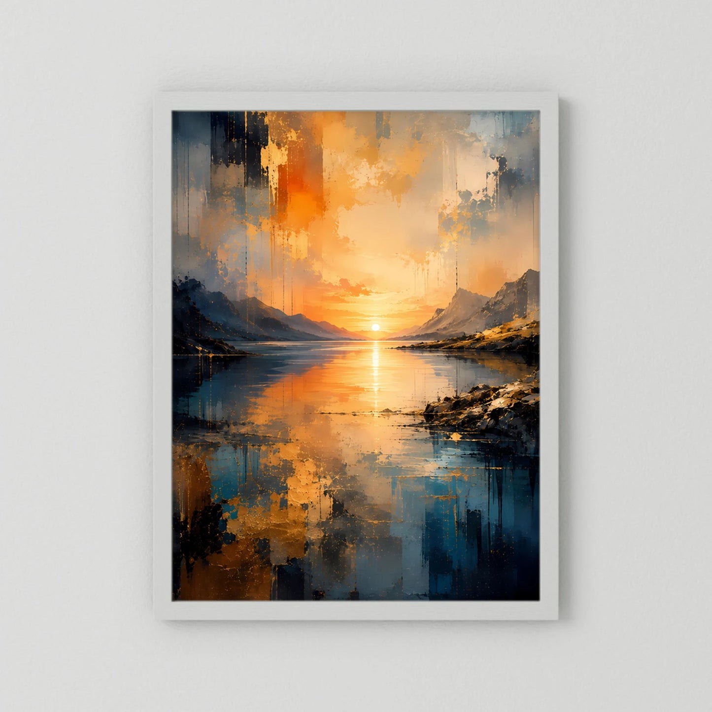 Poster im Hochformat mit weißem Rand: abstrakte See- und Berglandschaft, Blau-Orange