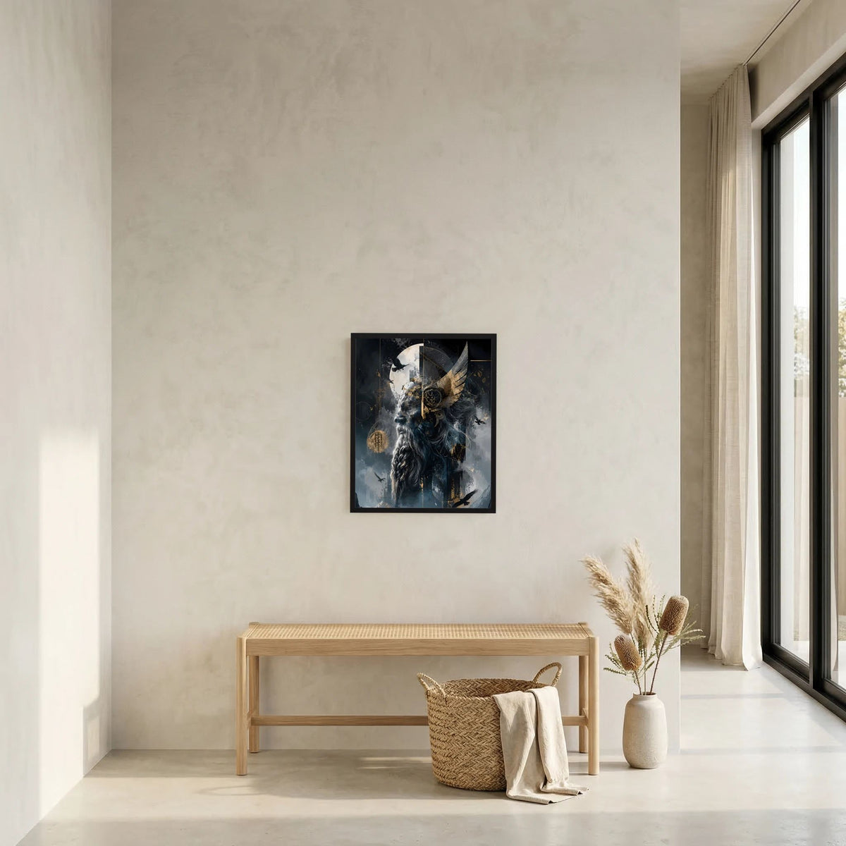 Gerahmtes Hochformat-Poster mit dunklem Wikinger-Vogel-Motiv an heller Wand