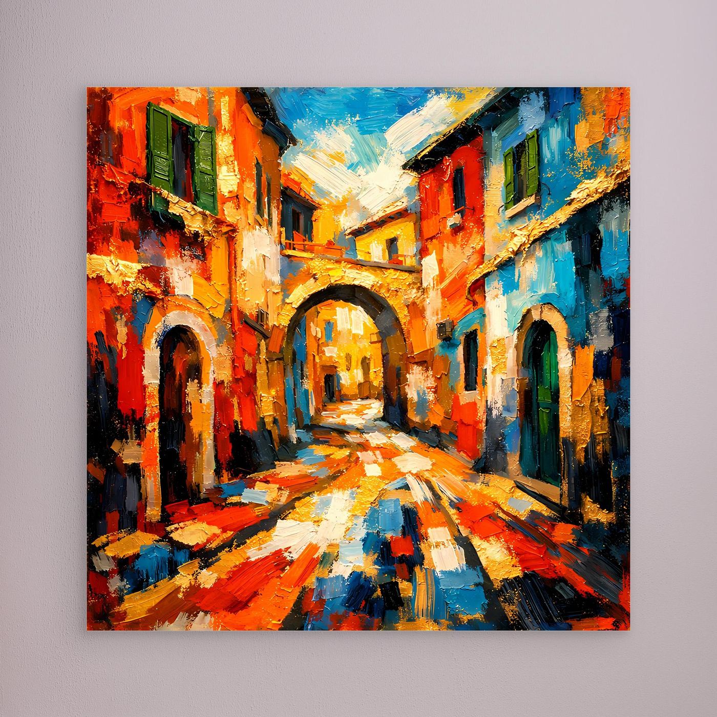 Leinwandbild ohne sichtbaren Rahmen: abstrakte Gasse in Orange-, Rot- und Blautönen
