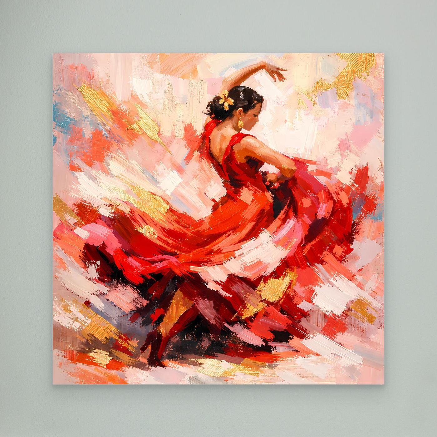 Leinwandbild mit Flamenco-Tänzerin im roten Kleid, dynamische Pinselstriche