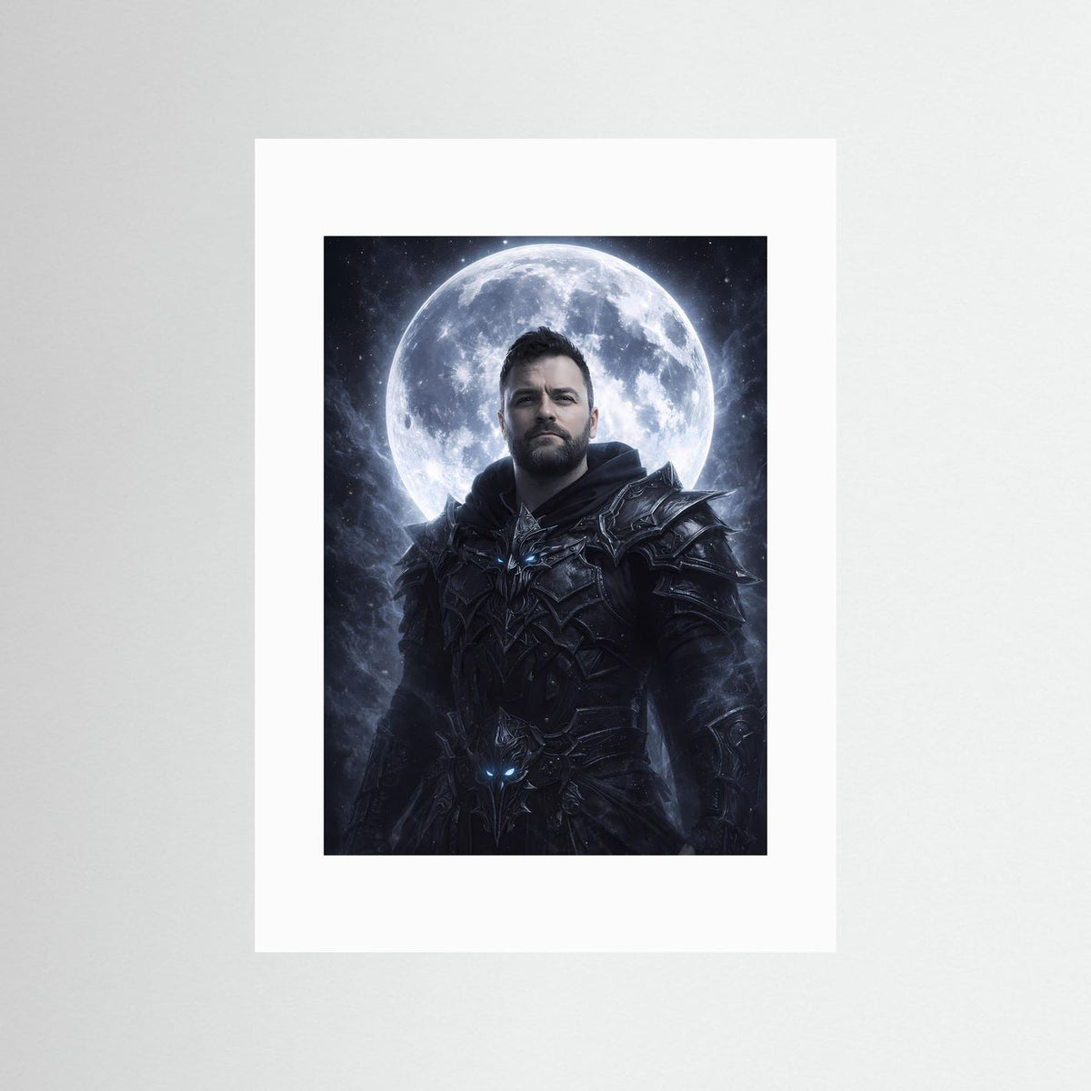Fantasy-Poster mit hellem Passepartout: dunkler Ritter in schwarzer Rüstung, Vollmond