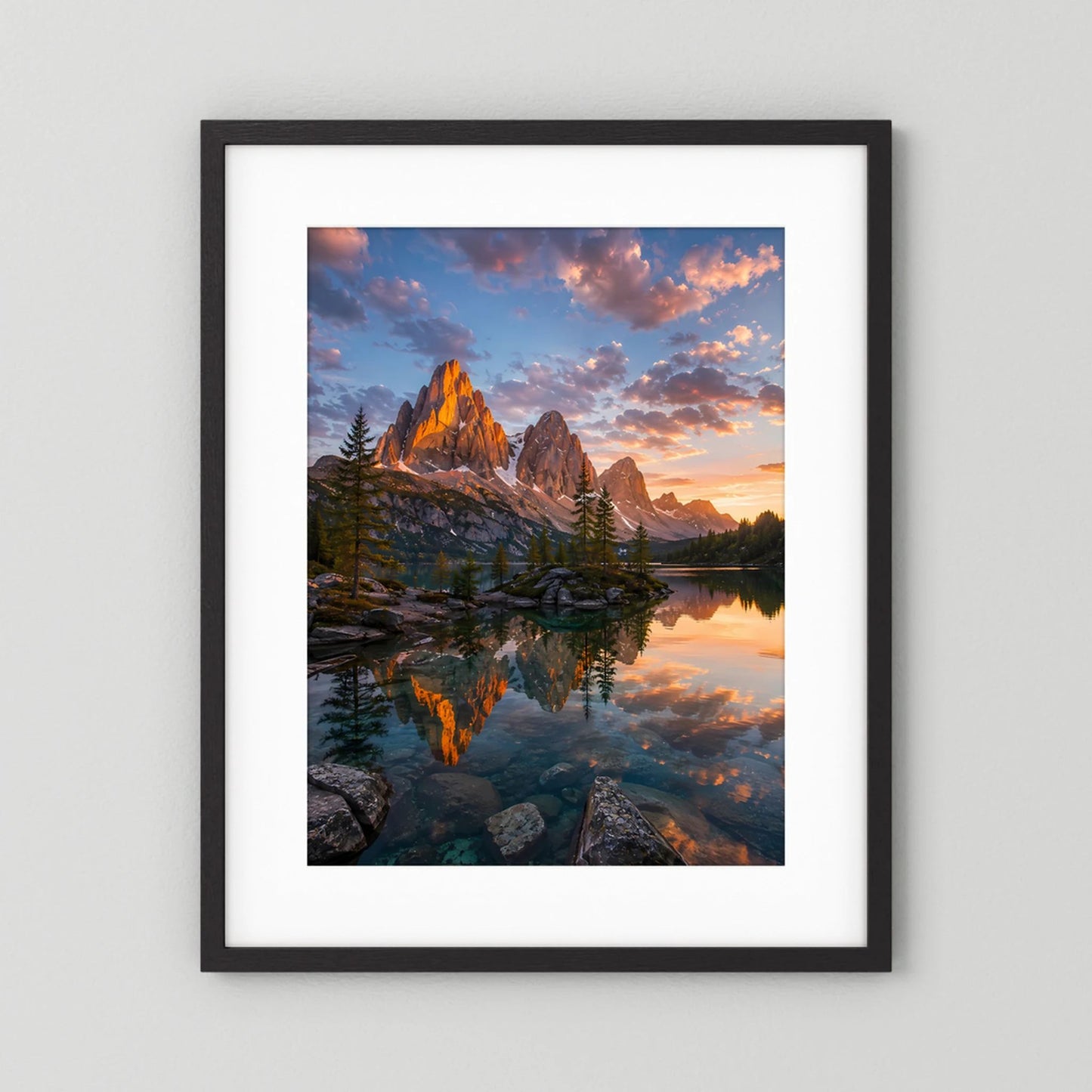 Bergsee im Sonnenuntergang | Leuchtende Berglandschaft mit Spiegelung | Poster Hochformat