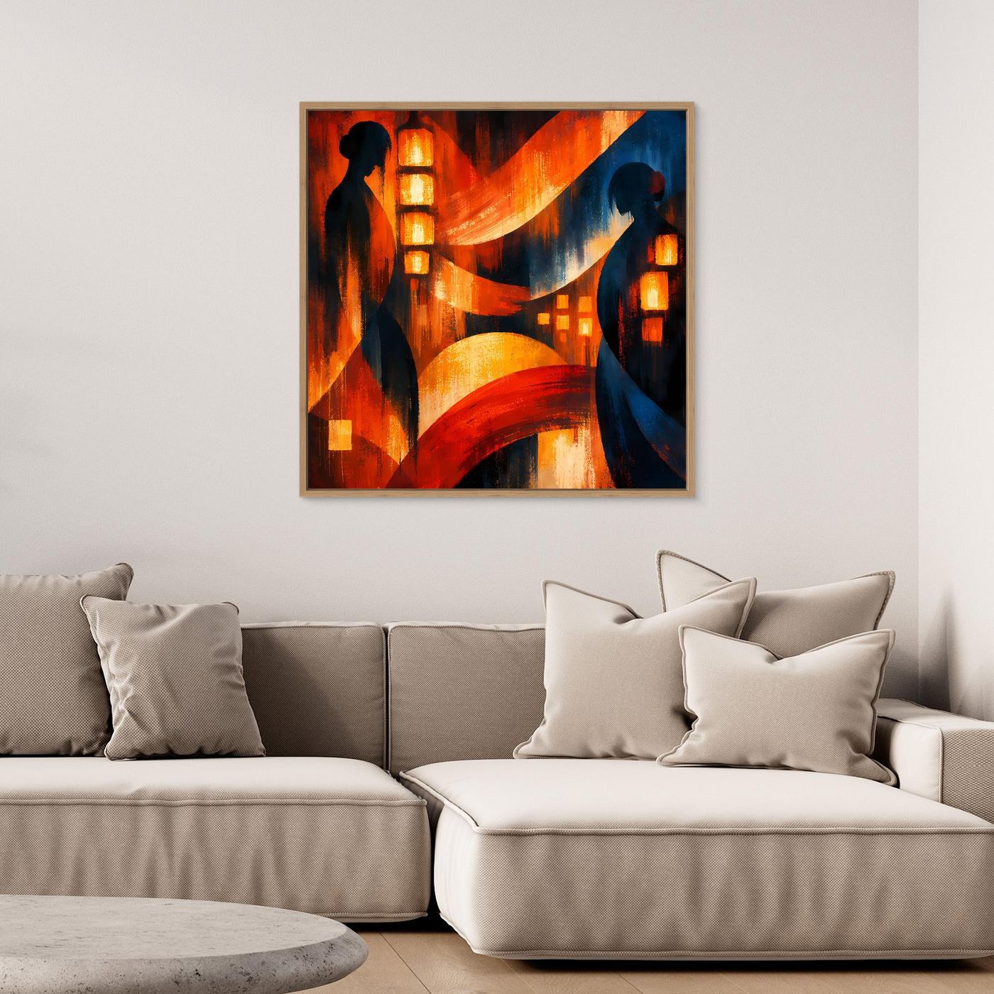 Gerahmtes quadratisches Leinwandbild: Geisha-Silhouetten vor warmen Laternen in Rot und Blau.