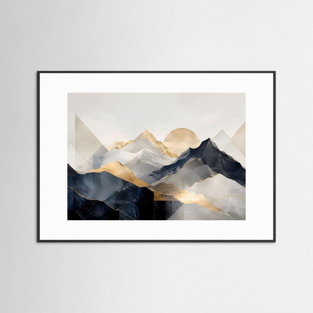 Querformat-Poster mit abstrakten Bergen in Beige und Gold, dunkles Blau, schwarzer Holzrahmen.