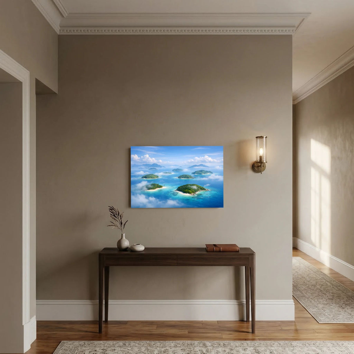 Wandbild mit tropischer Insel-Luftaufnahme, klein und ohne sichtbaren Rahmen