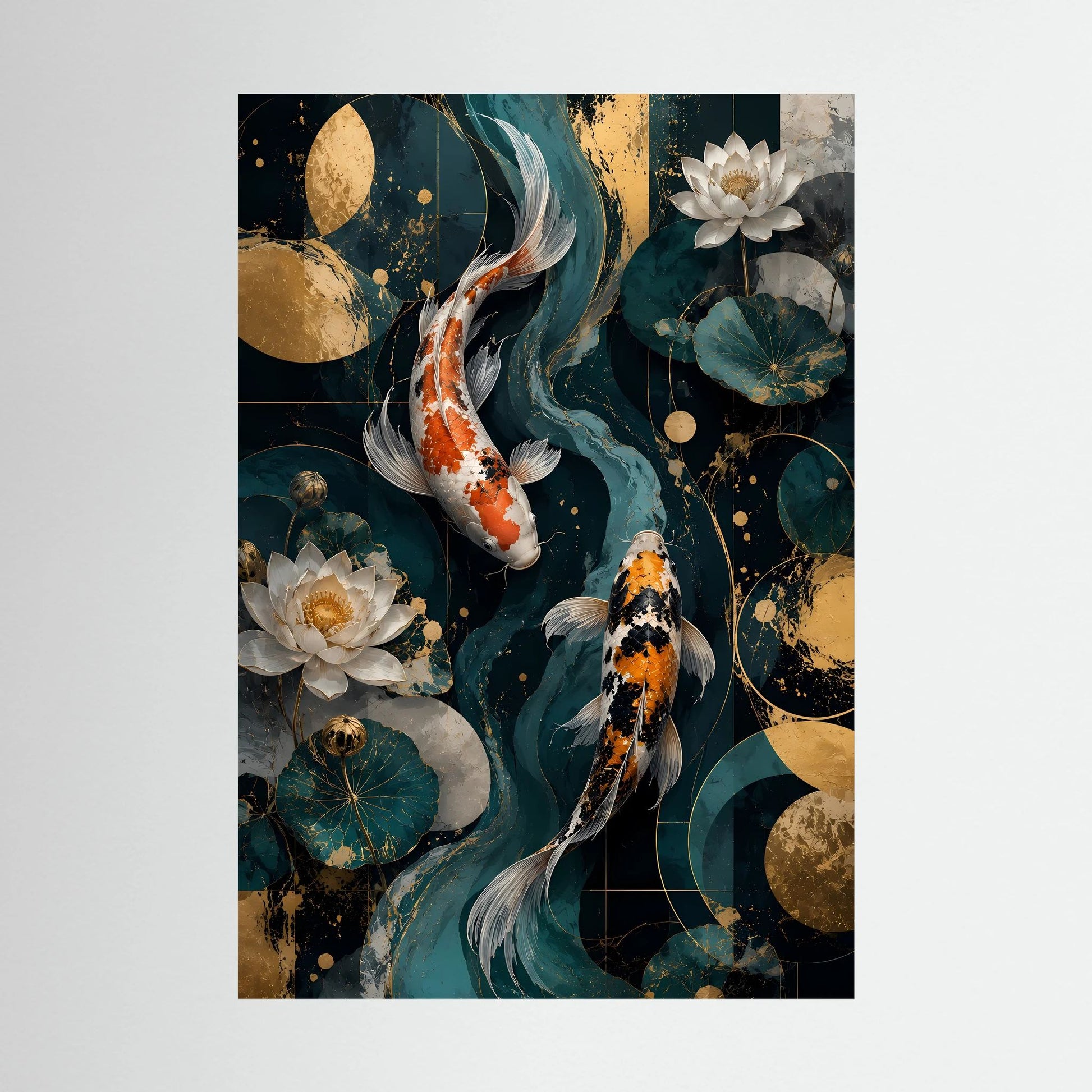 Detailansicht: Poster im Hochformat mit Koi-Fischen und Lotusblüten in Petrol und Gold