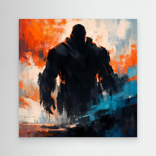 Abstraktes Wandbild auf Leinwand mit dunkler Silhouette und orange-blauen Farbflächen
