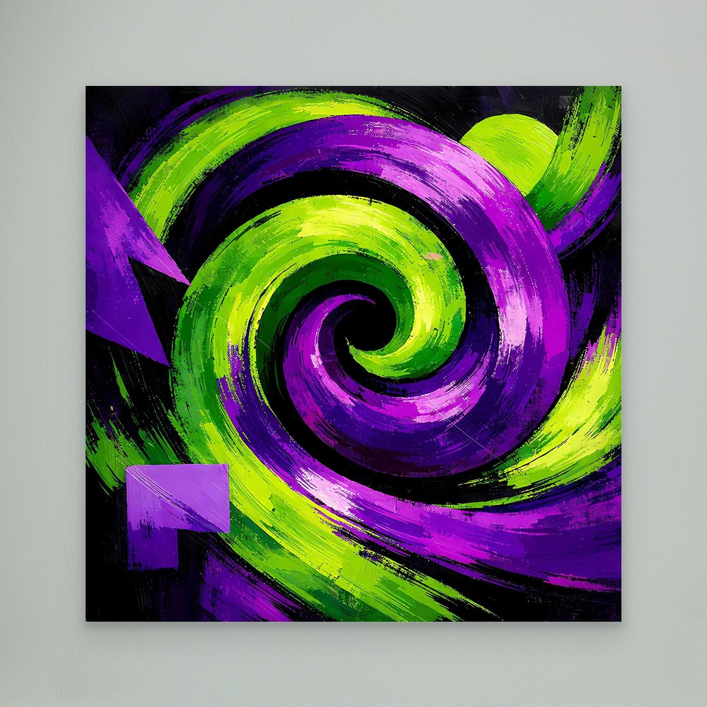Abstraktes Leinwandbild ohne Rahmen mit violett-grünem Spiralmotiv und Pinselverläufen