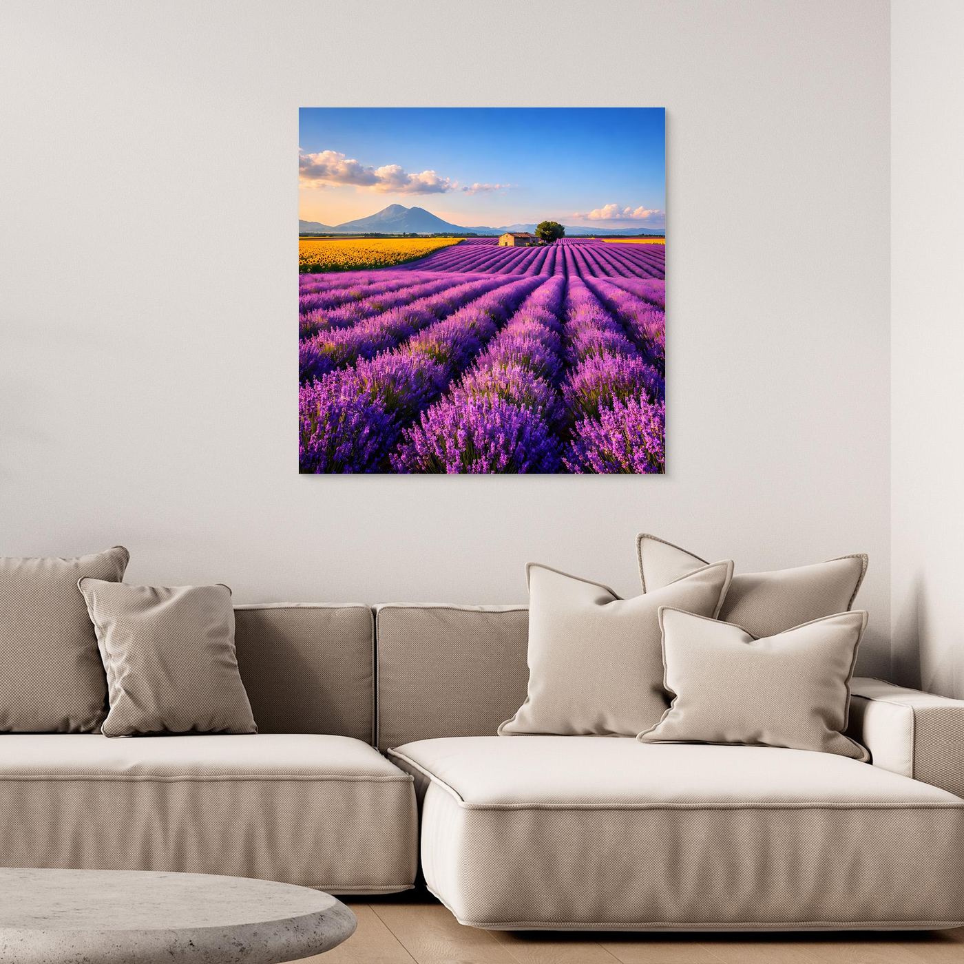 Leinwandbild Lavendelfeld mit diagonalen Reihen, lila Blüten und Berglandschaft