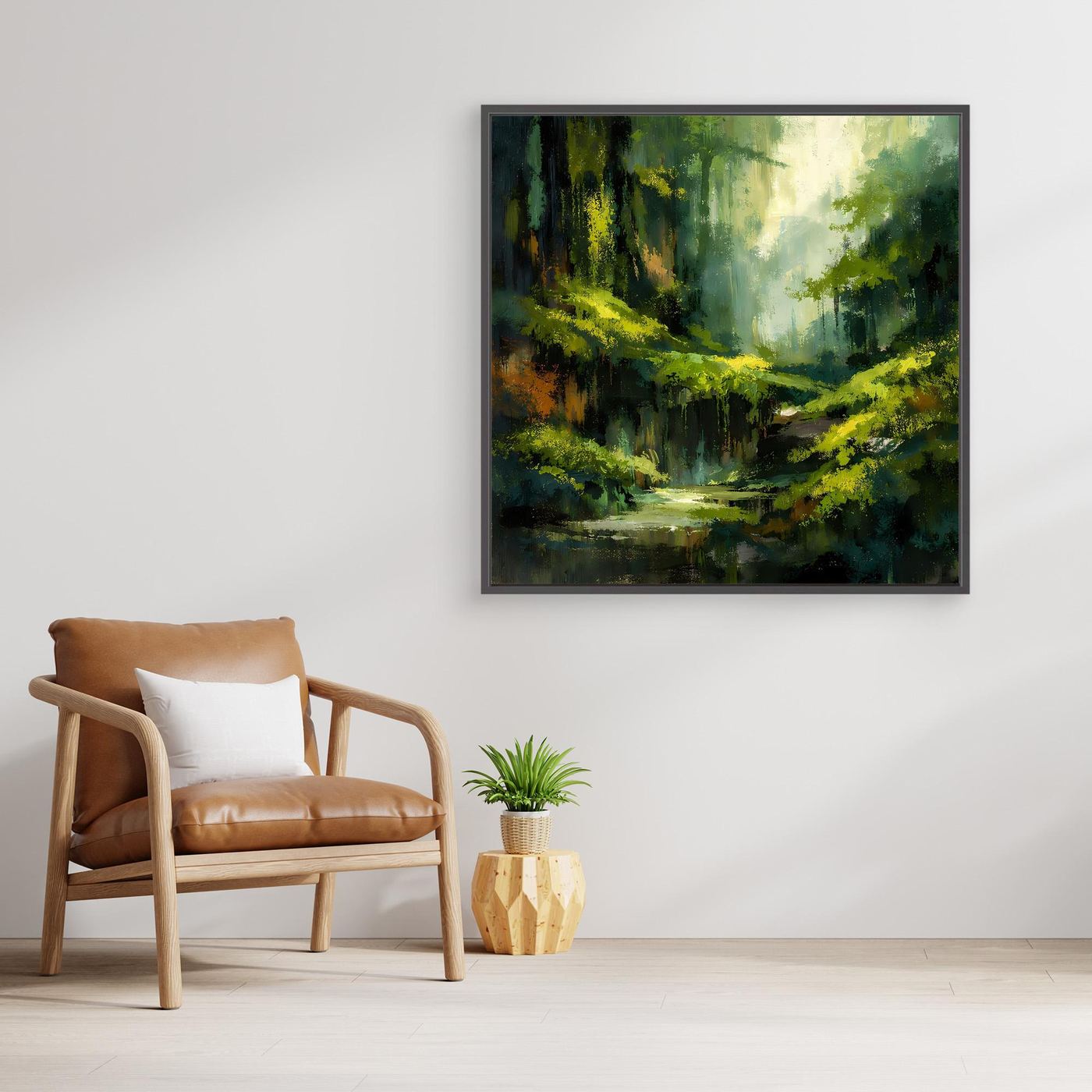 Wandbild mit abstraktem Dschungelpfad, grünes Waldmotiv, dunkelgrauer Rahmen