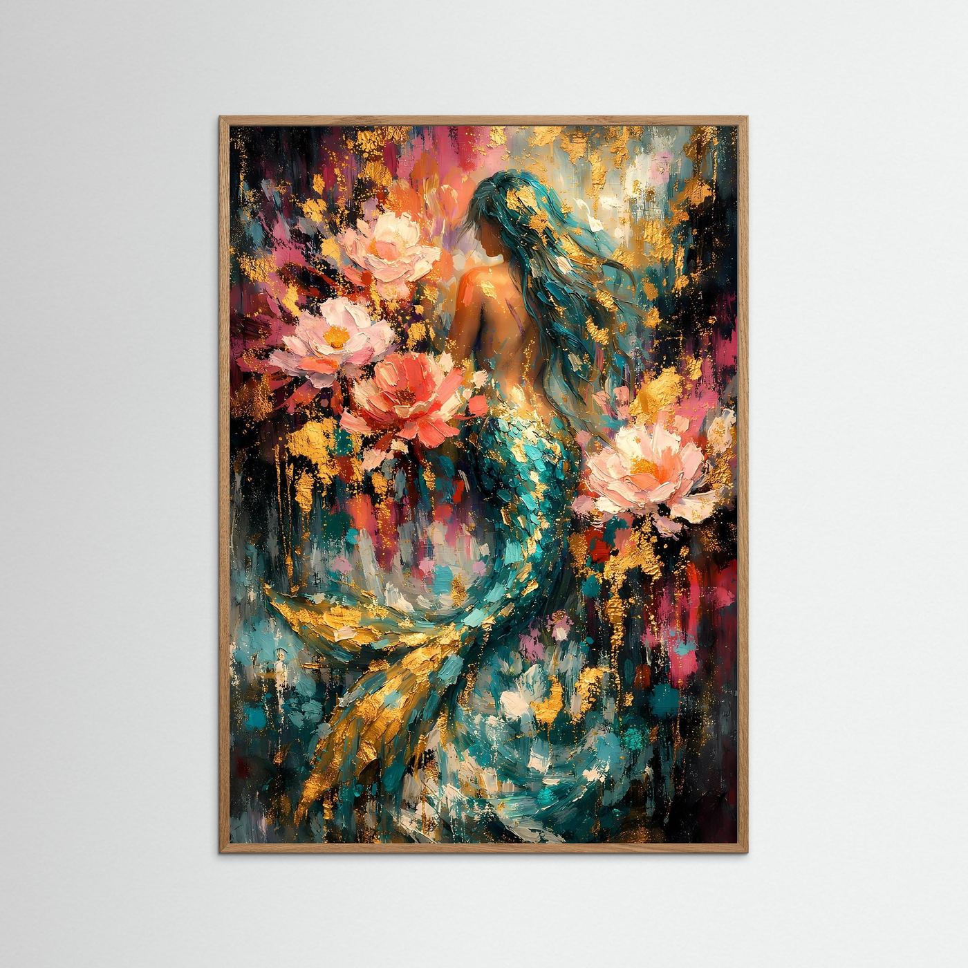 Gerahmtes Fantasy-Kunstposter mit Meerjungfrau; türkisfarbener Schwanz, rosa und goldfarbene Akzente