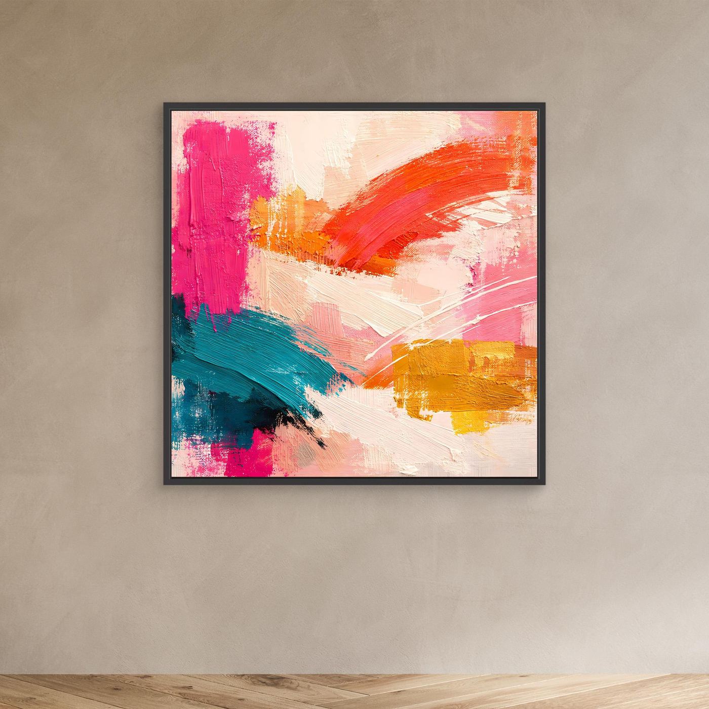 Leinwand-Wandbild mit abstrakten Pinselstrichen in Pink, Orange und Petrol, schwarz gerahmt