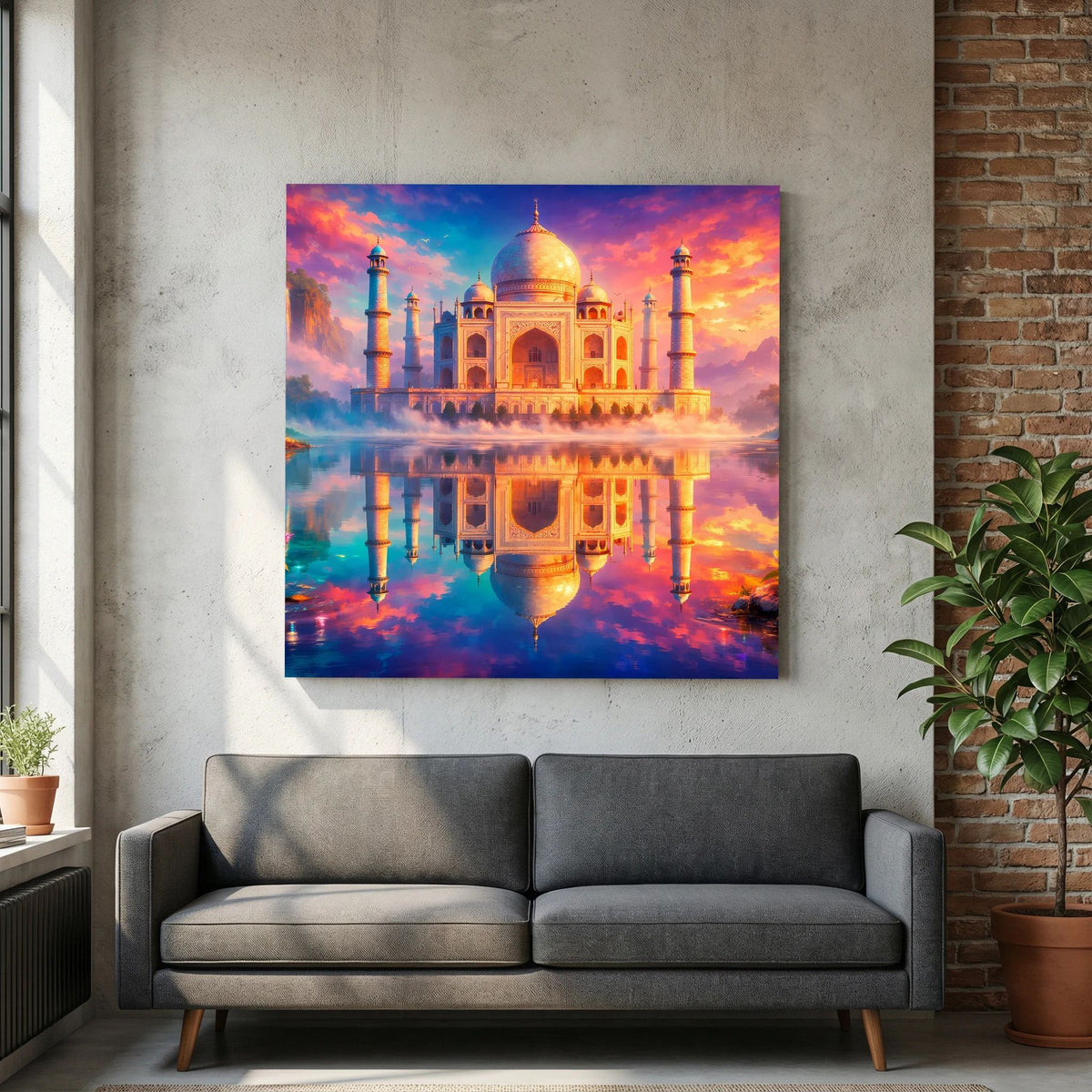 Leinwandbild mit Taj Mahal, goldene Kuppel und farbenfrohe Spiegelung im Wasser